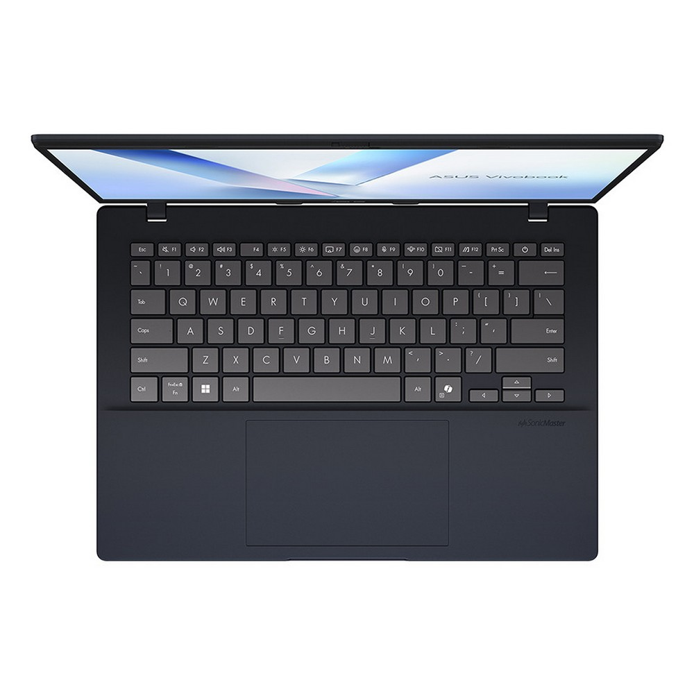 Vista dall'alto di un laptop blu scuro, aperto. Tastiera a fuoco, tasti etichettati. Schermo aperto, logo ASUS Vivobook in mostra.