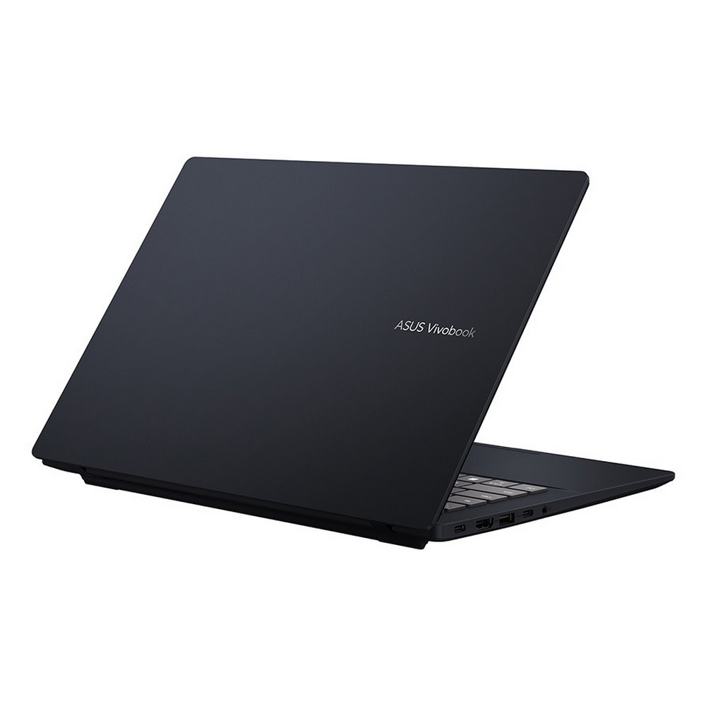 Un laptop ASUS Vivobook nero è leggermente aperto. Il laptop è su sfondo bianco. Il logo ASUS Vivobook è visibile.