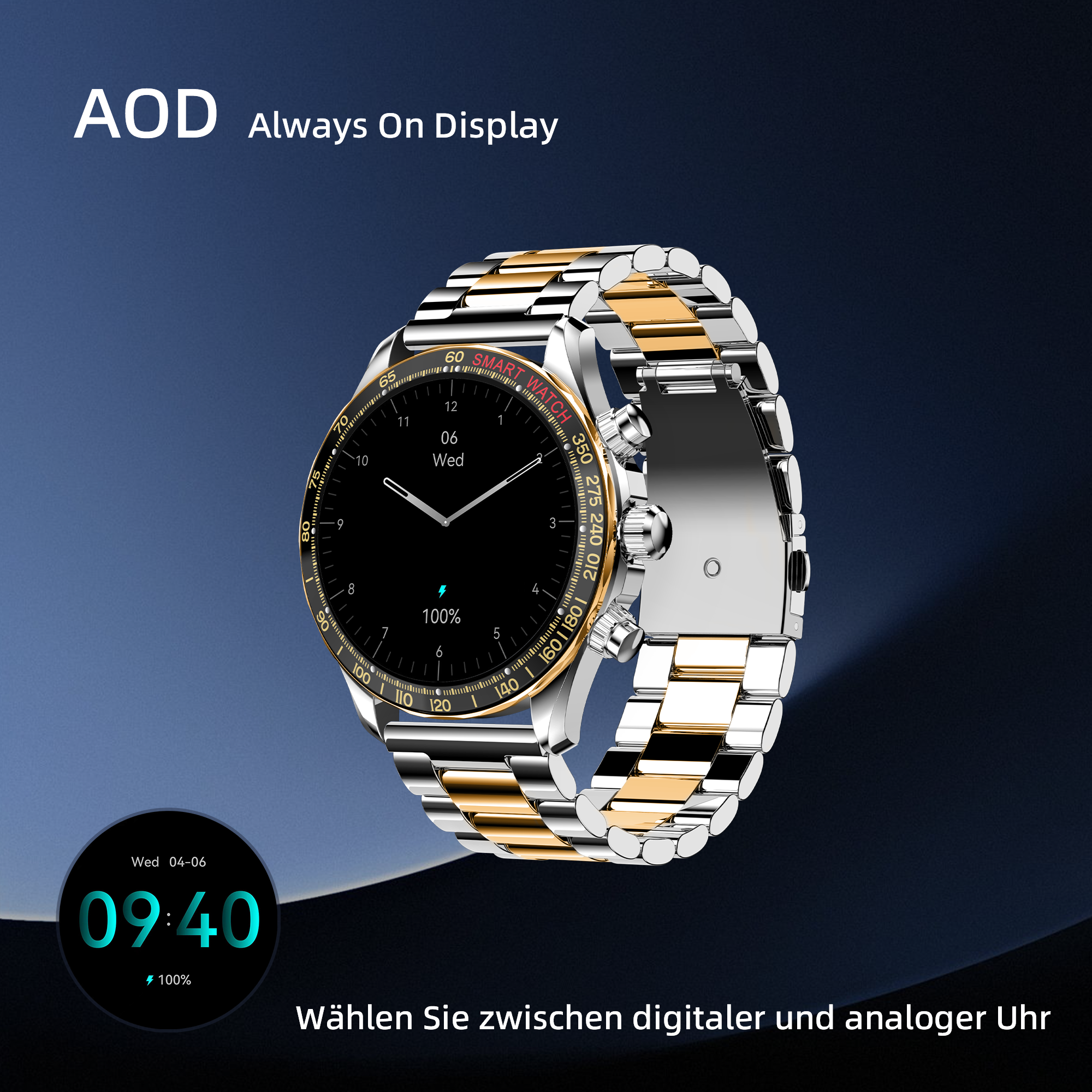 Uno smartwatch con display nero che mostra l'ora e la batteria. Ha un cinturino in metallo oro e argento.