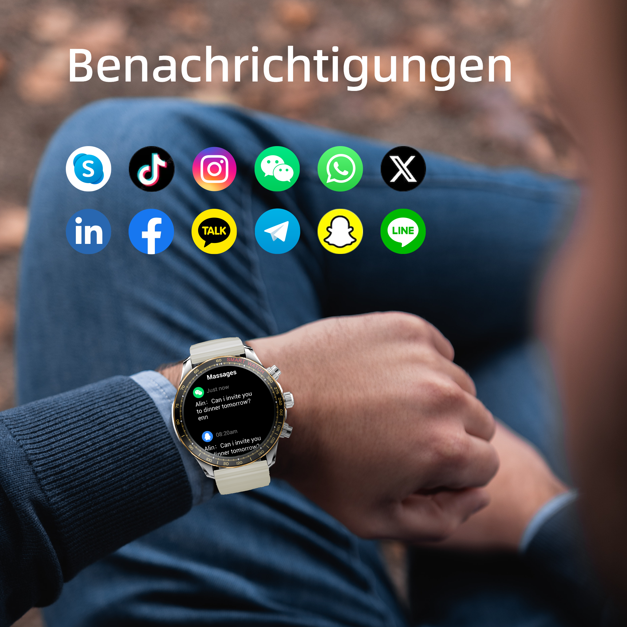 Una persona indossa uno smartwatch che mostra messaggi, circondato da icone di app. Lo sfondo è sfocato.