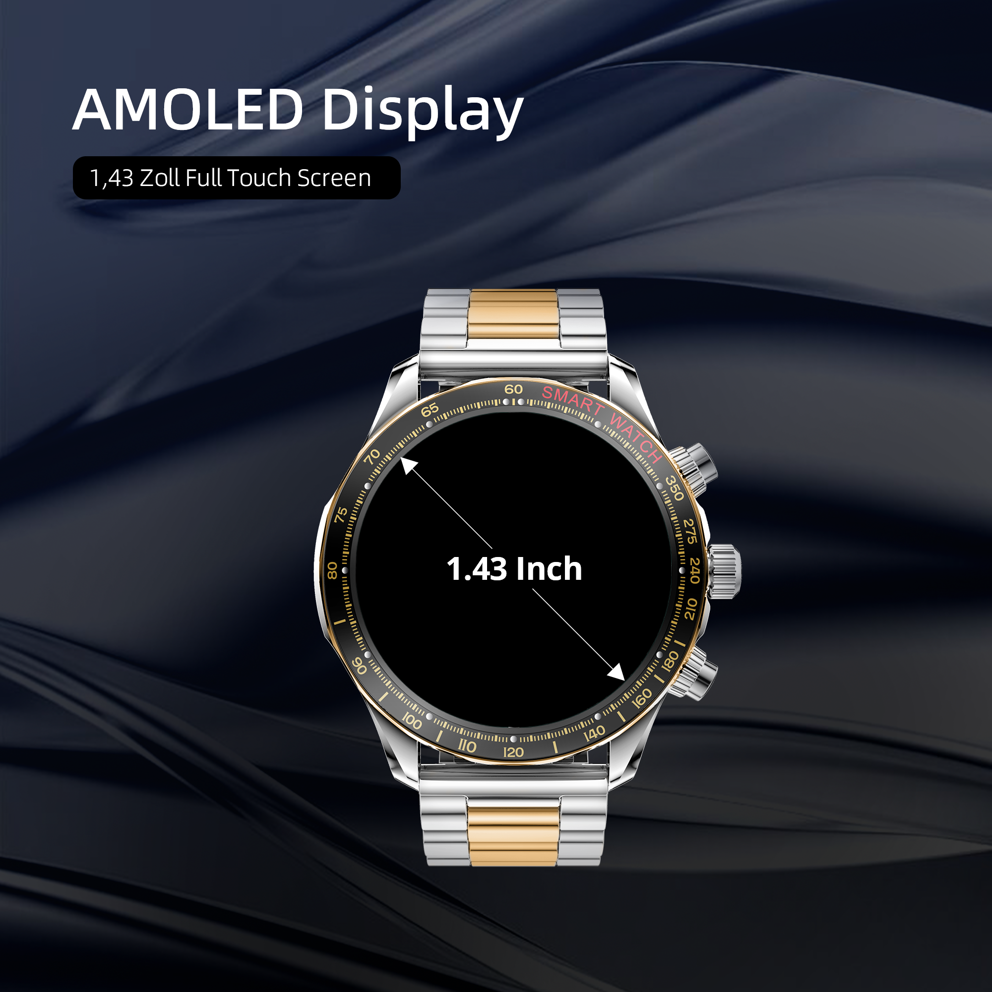 Uno smartwatch con schermo nero, cinturino argento e oro e lunetta nera con numeri.