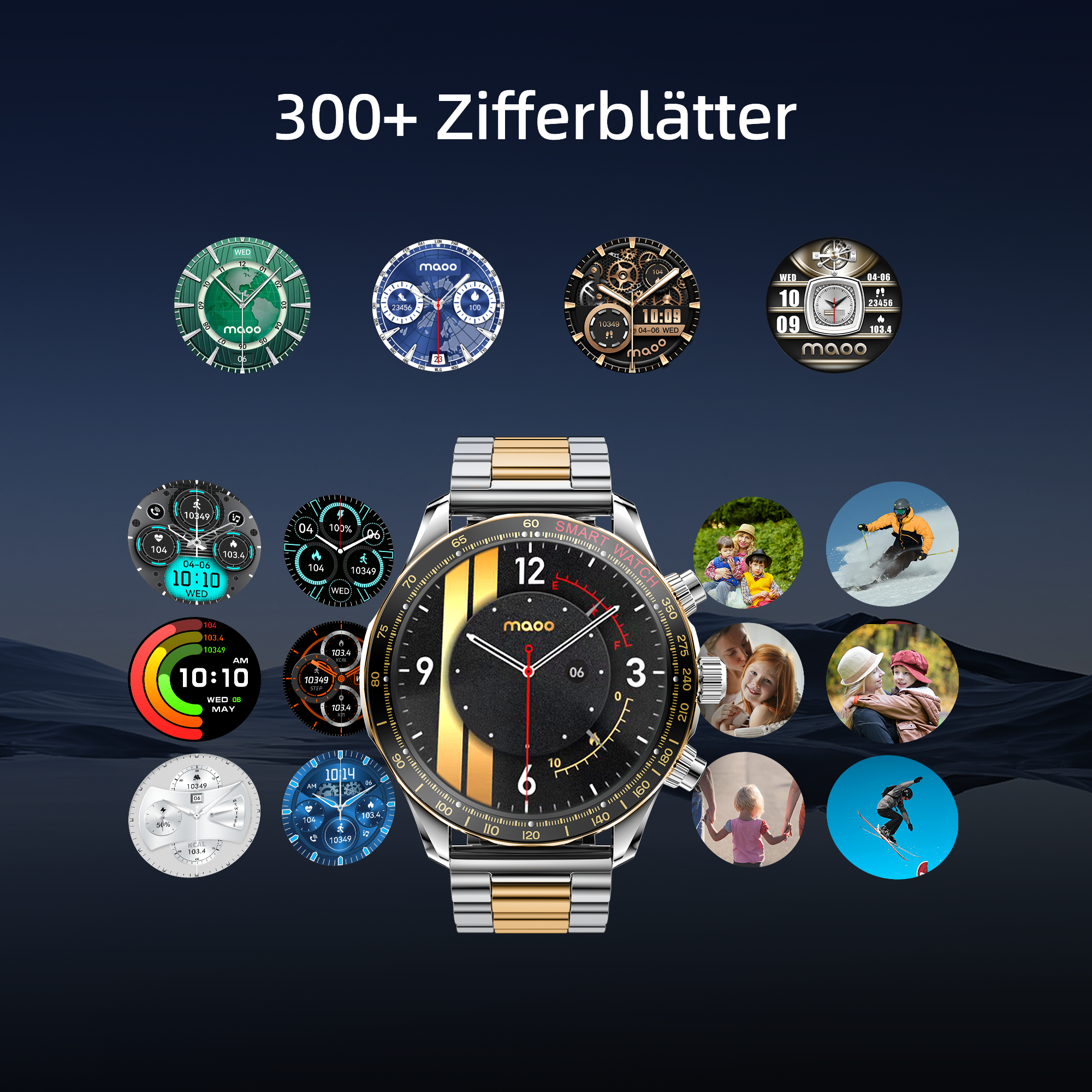 L'immagine mostra uno smartwatch con vari quadranti. Diverse immagini circolari mostrano il monitoraggio dell'attività e l'ora.