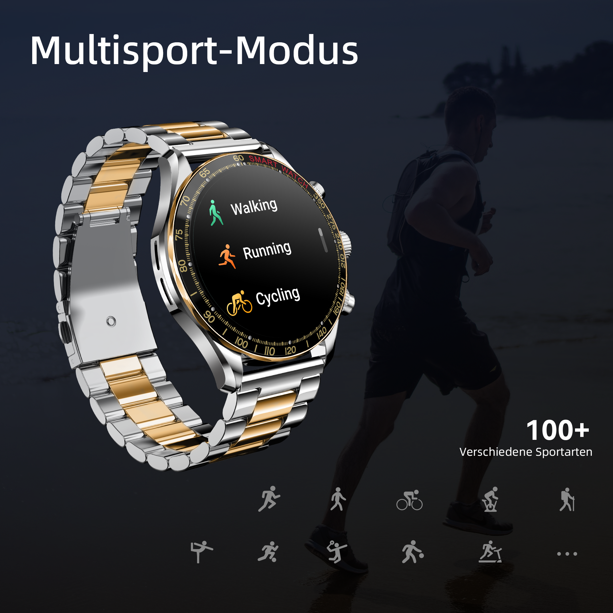 Uno smartwatch con cinturino oro e argento, che mostra le attività di camminata, corsa e ciclismo. Una persona corre sullo sfondo.