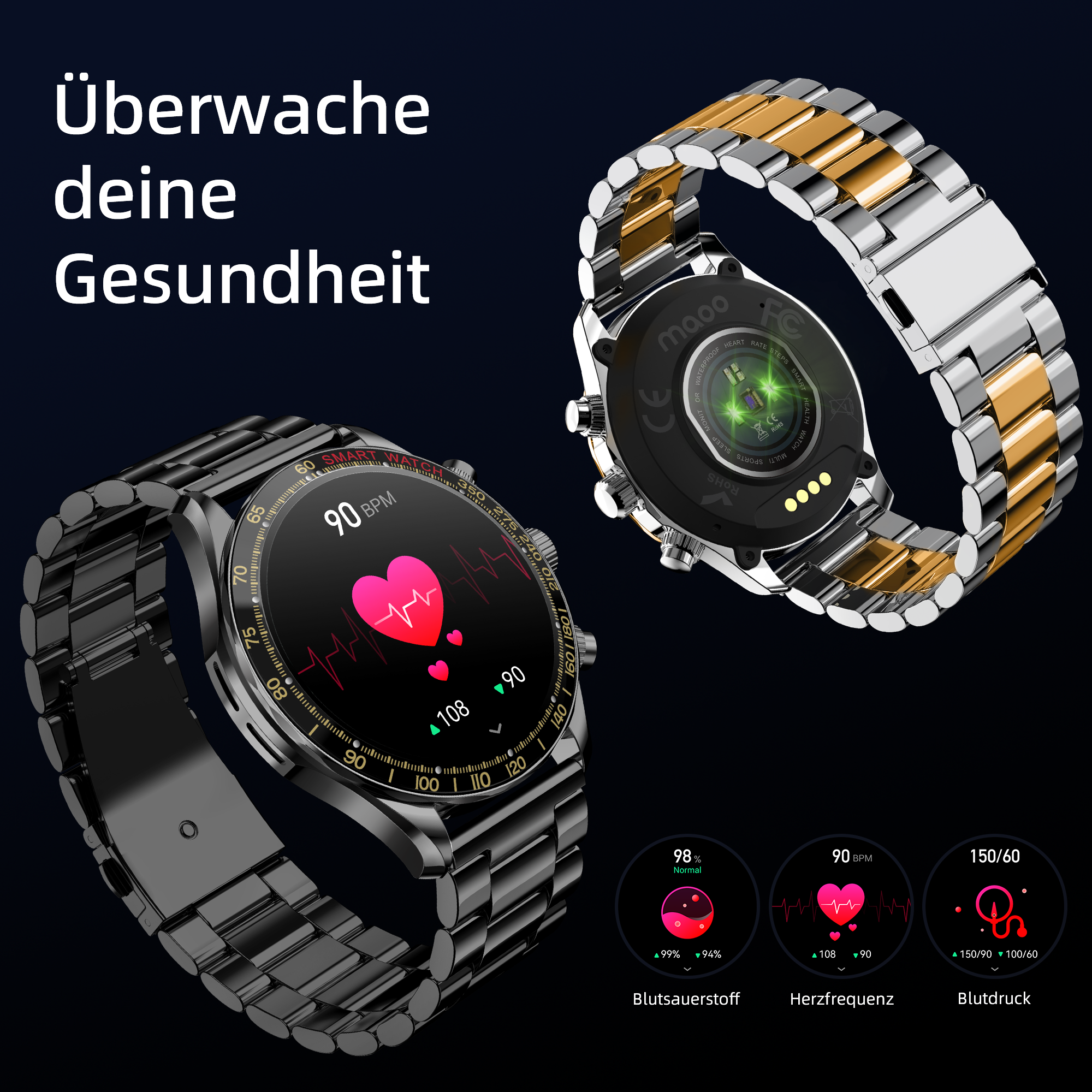 Smartwatch con metriche di salute. Visualizza frequenza cardiaca, ossigeno nel sangue e pressione sanguigna. Design nero e oro.