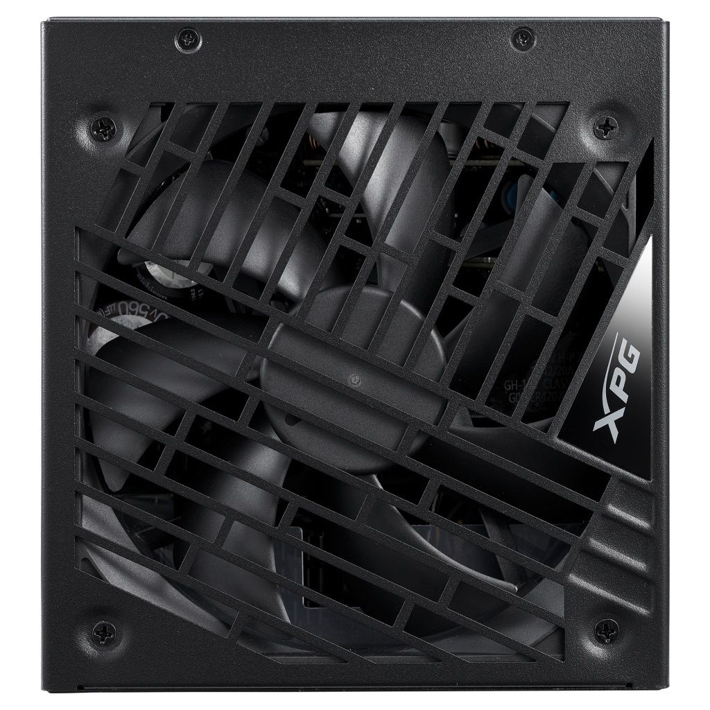 Ein schwarzes Computer-Netzteil. Es hat einen Lüfter hinter einem Gitter, und das XPG-Logo ist sichtbar. Das Design ist quadratisch.