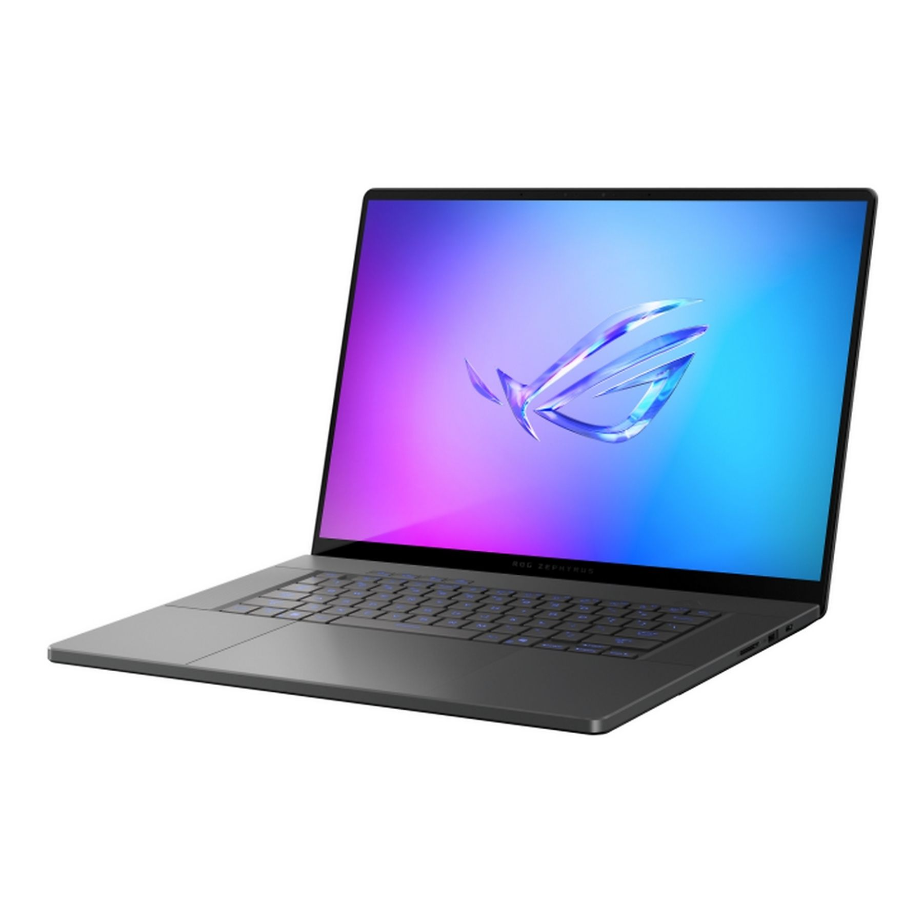 Un laptop grigio con schermo illuminato che mostra un logo. La tastiera ha luci blu. Lo sfondo è bianco.