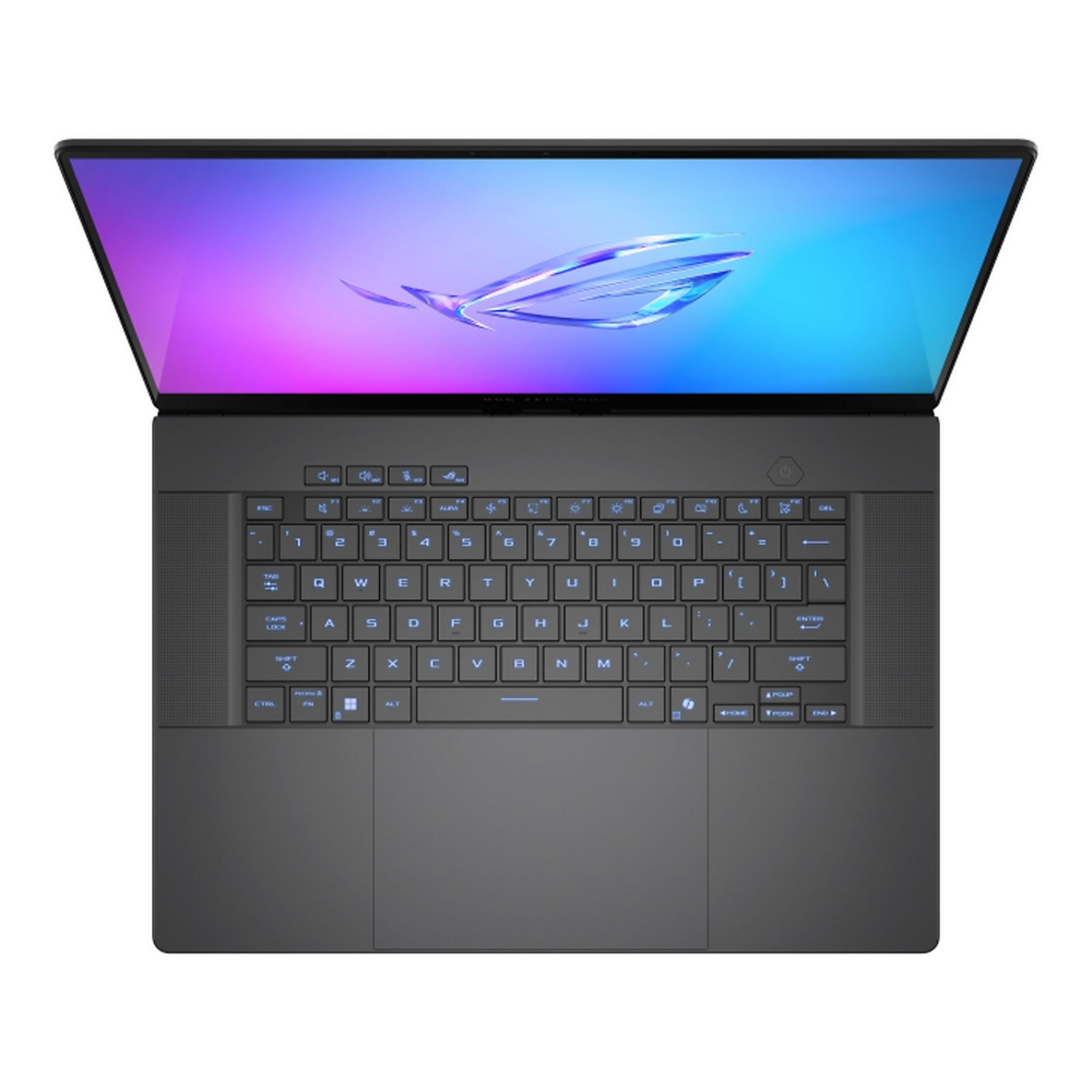 Un laptop grigio scuro è aperto, mostrando una tastiera e uno schermo con una sfumatura blu, viola e bianca.