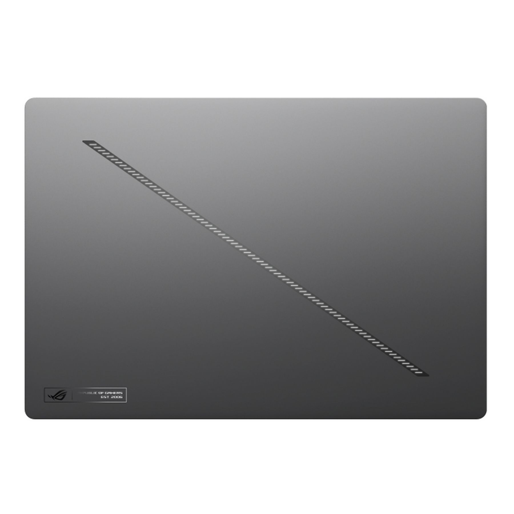 Coperchio laptop grigio con linea diagonale di prese d'aria. Logo ROG e testo in basso.