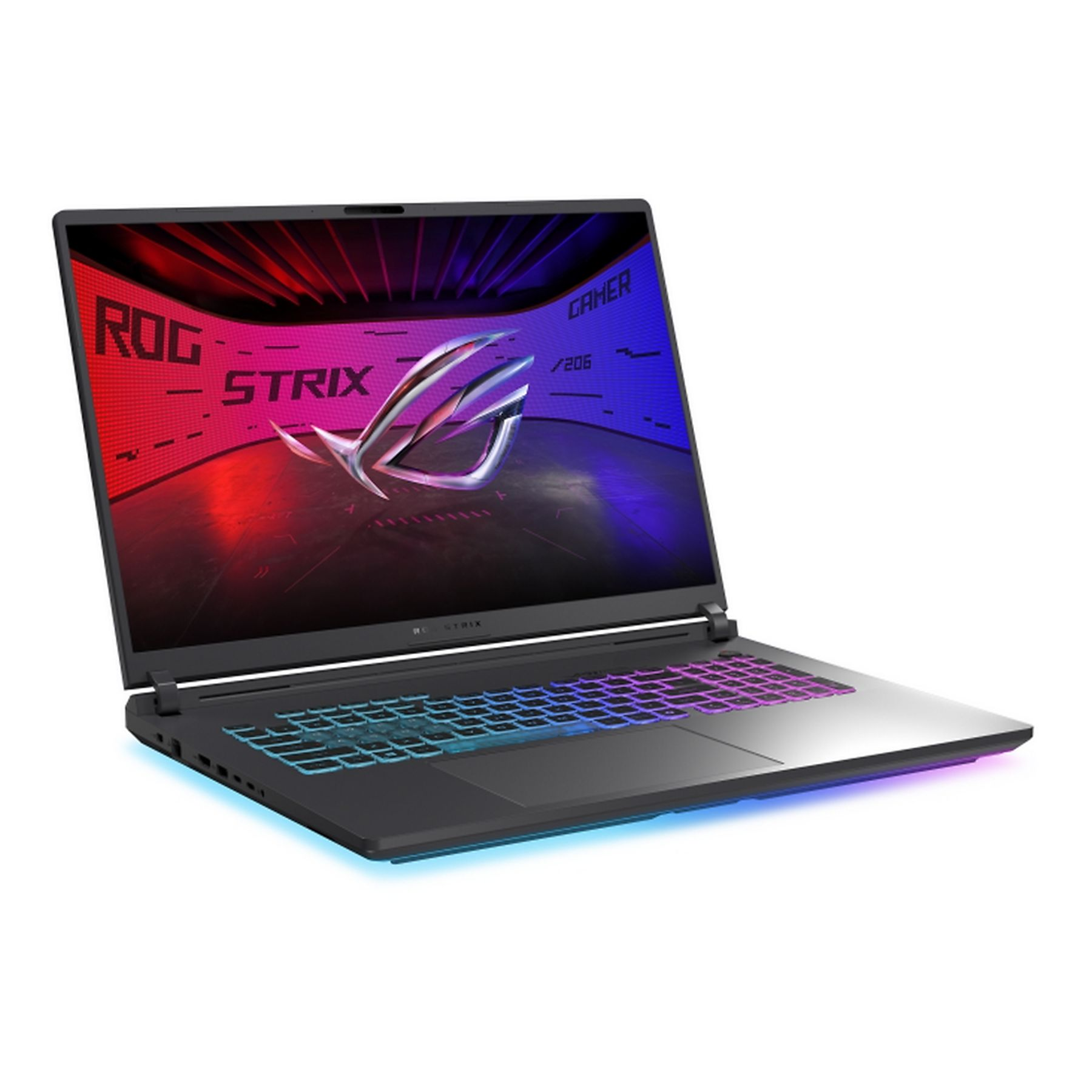 Un laptop nero con schermo colorato. Ha una tastiera illuminata e il logo ROG Strix. Lo sfondo è bianco.