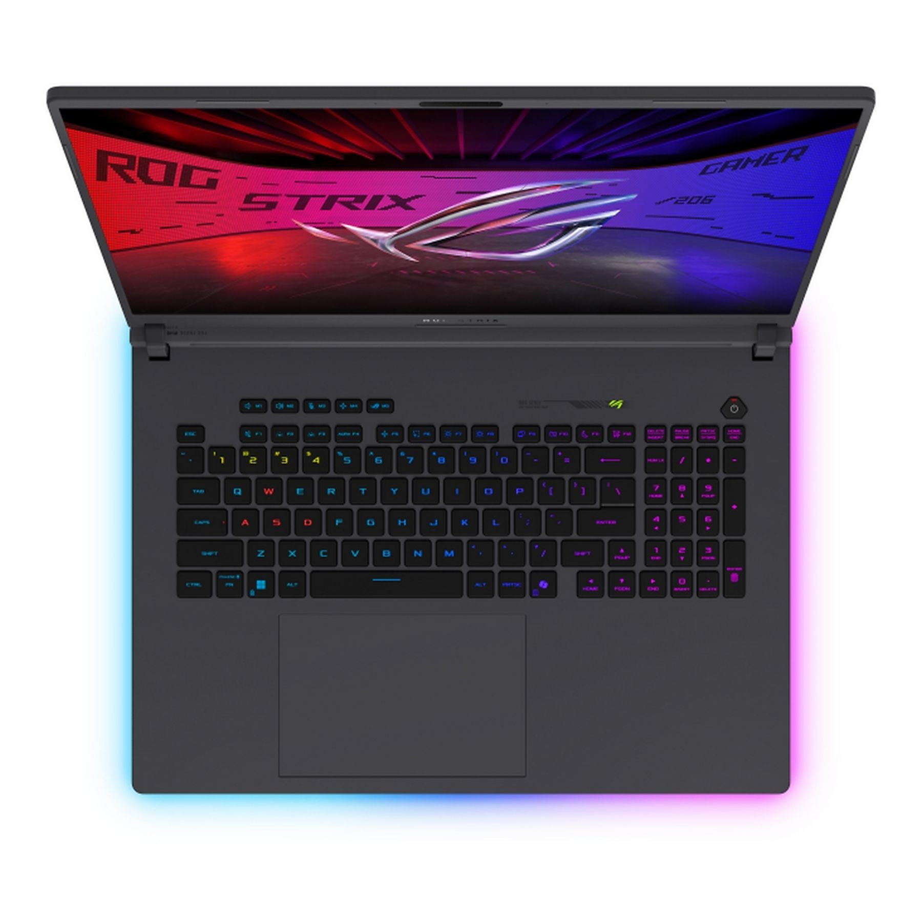 Un laptop nero aperto con tastiera luminosa. Lo schermo mostra il logo ROG STRIX. Il bordo ha una luce colorata.