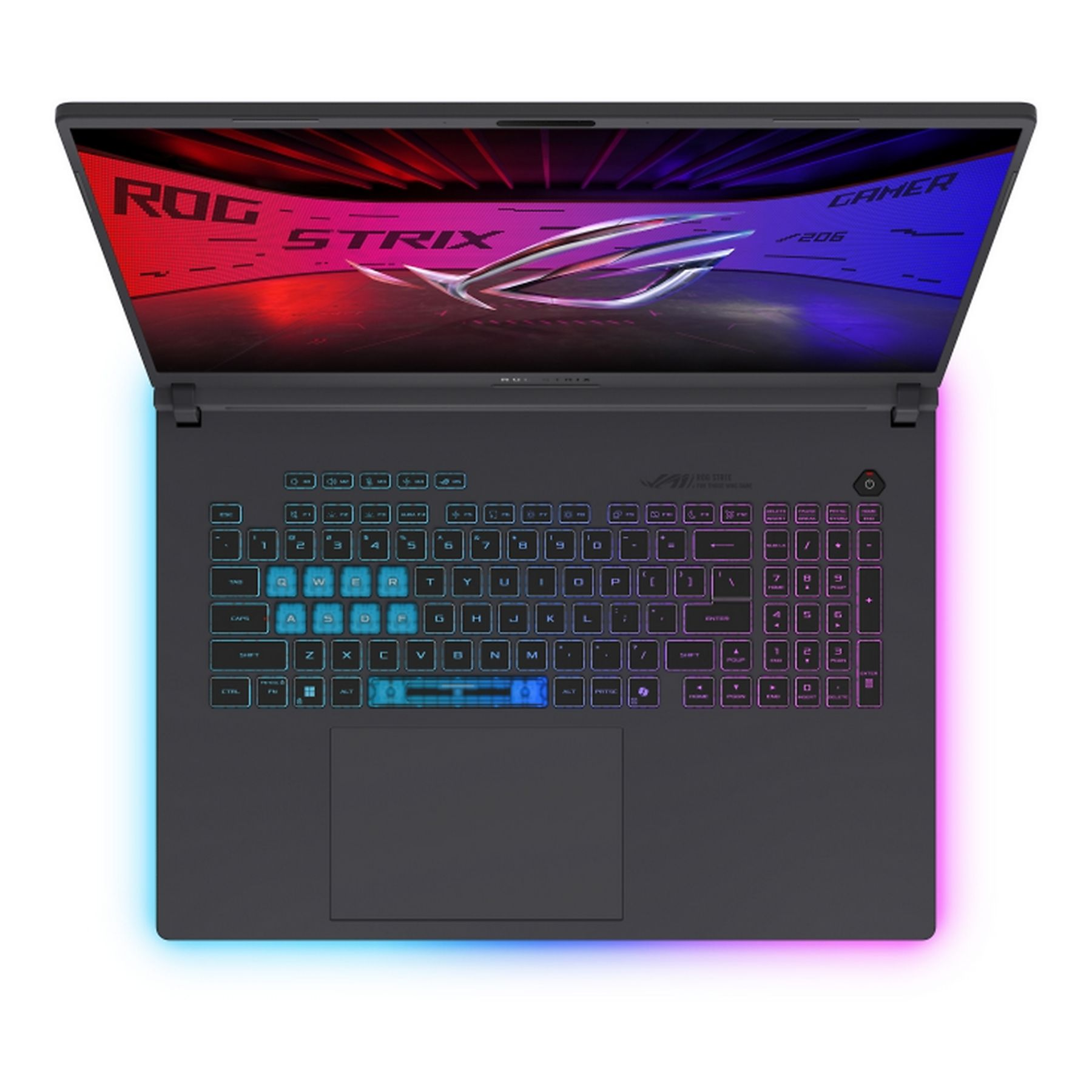 Un laptop con schermo aperto, che mostra una tastiera con illuminazione RGB. Lo schermo mostra il logo ROG Strix.