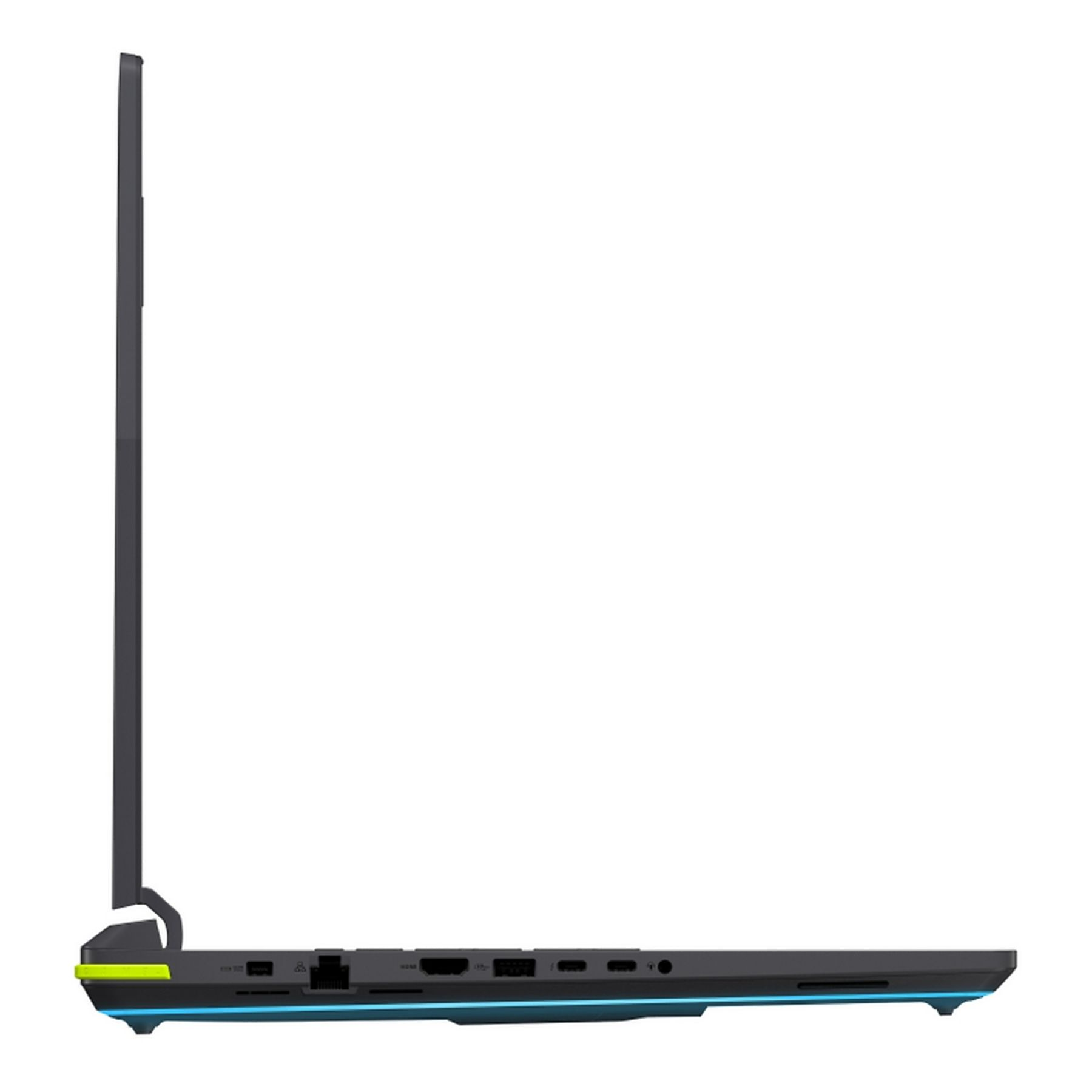 Vista laterale di un laptop. È nero con dettagli verdi e blu. Lo schermo è aperto.
