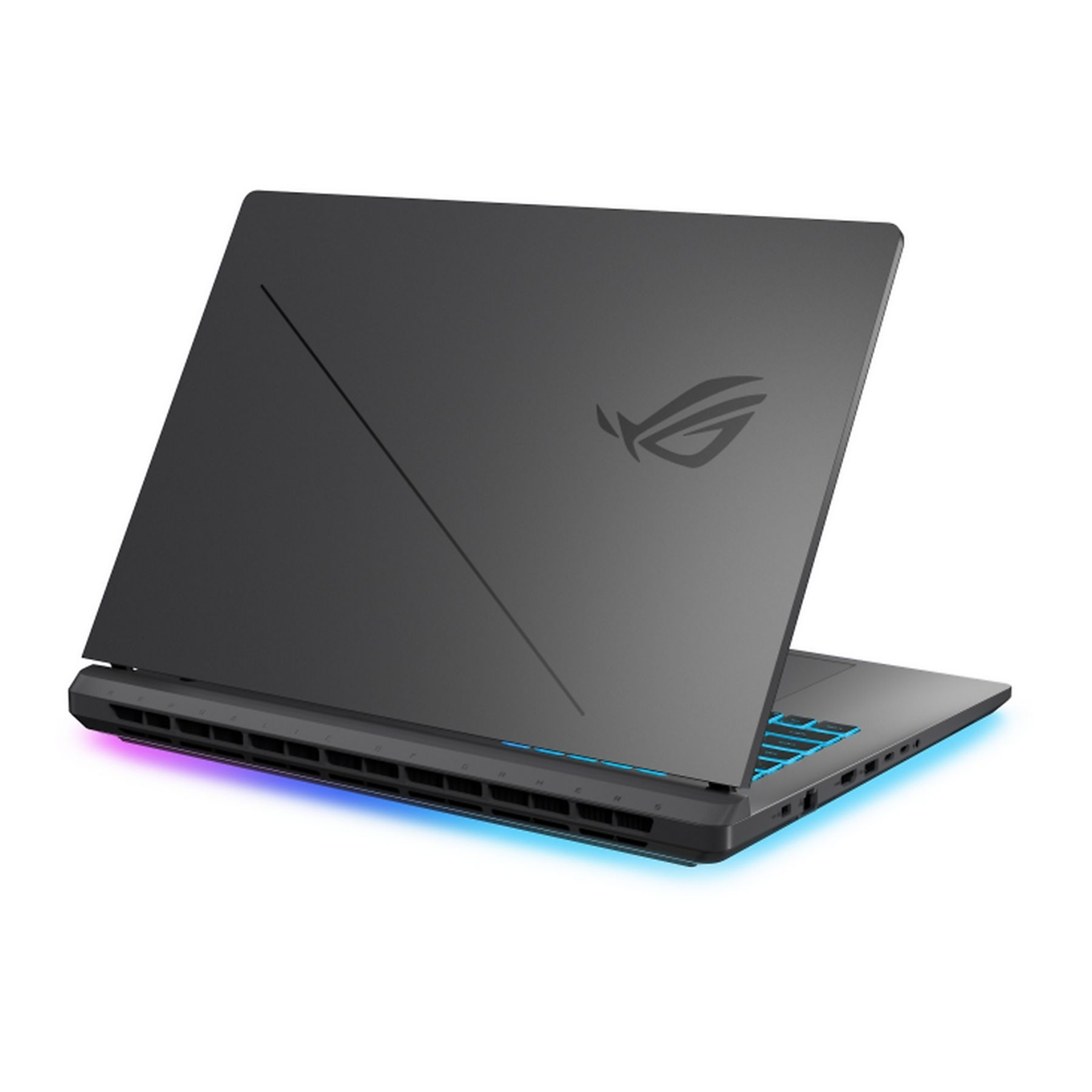 Un laptop grigio scuro con coperchio aperto. Il coperchio ha un logo e una linea diagonale. La parte inferiore ha l'illuminazione RGB.