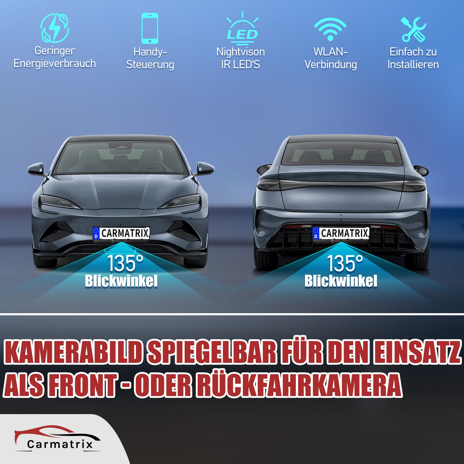 Das Bild zeigt zwei Autos mit verschiedenen Merkmalen: Energiesparen, Telefonsteuerung, LED, WLAN und einfache Installation. Text spiegelt Bild für Front-/Rückfahrkamera wider.