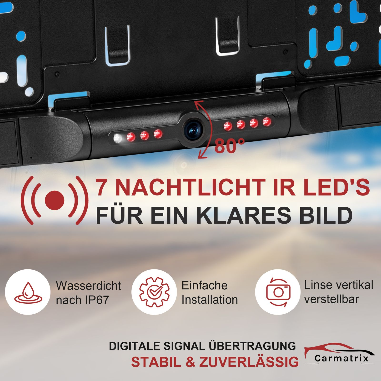 Schwarze Dashcam mit Kamera, 7 IR-LEDs und 80-Grad-Blickwinkel. Text beinhaltet wasserdicht, einfache Installation und digitales Signal.