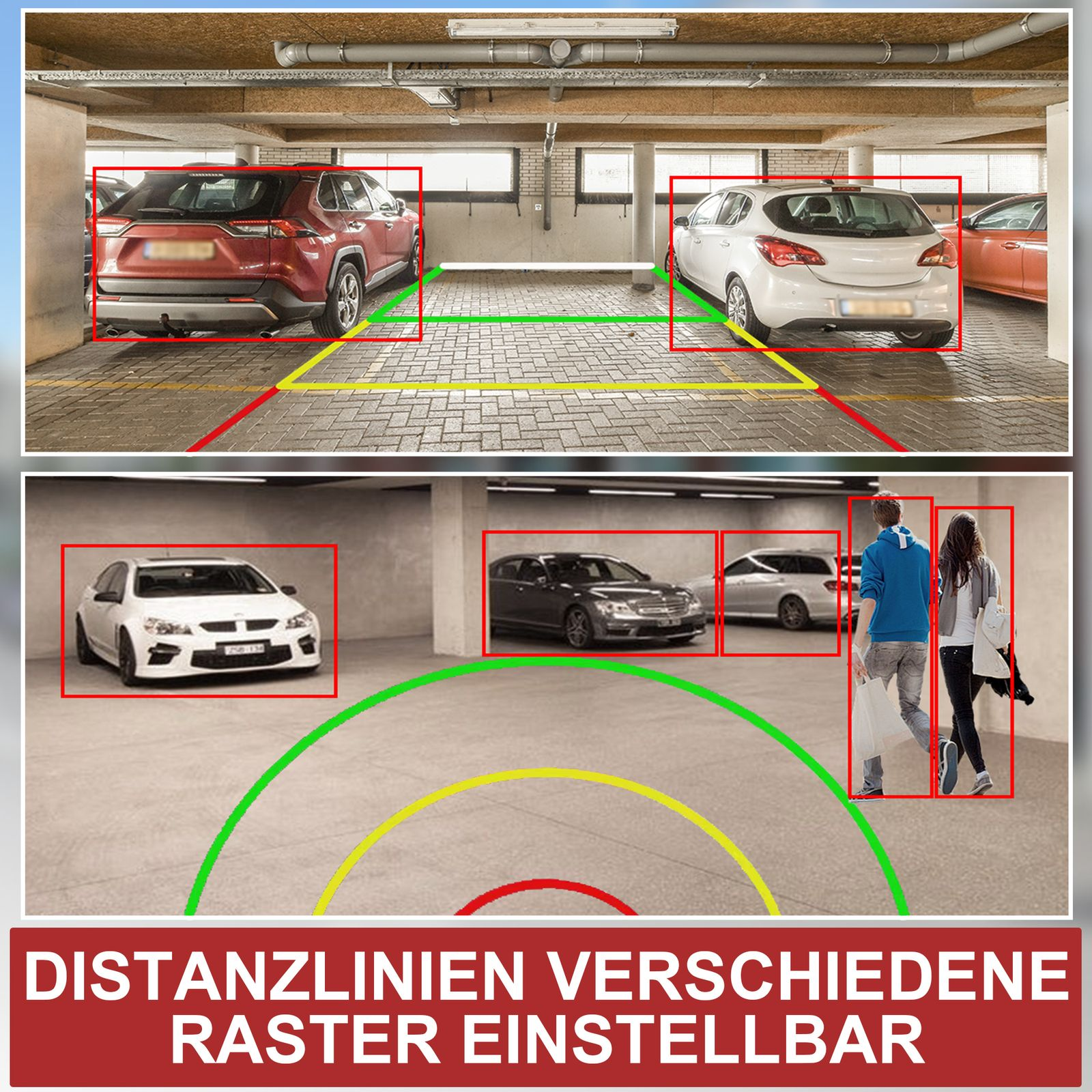 Parkhaus-Szene mit Autos, Parklinien und Personen. Unten steht auf einem roten Schild: 'DISTANZLINIEN VERSCHIEDENE RASTER EINSTELLBAR'.