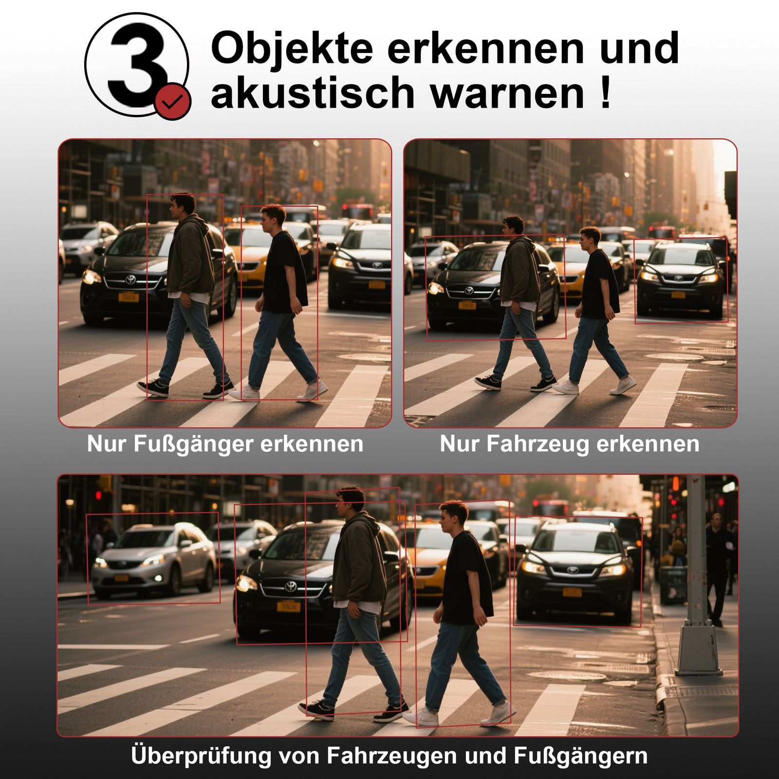Das Bild zeigt Fußgänger, die eine Straße überqueren, mit Autos. Text zeigt Objekterkennung für Fußgänger und Fahrzeuge.