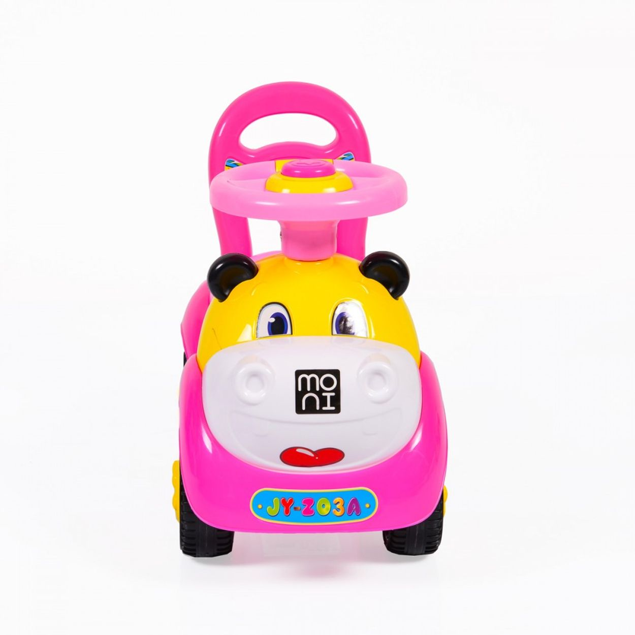 Ein rosa-gelbes Spielzeugauto zum Aufsitzen für Kleinkinder. Es hat ein Lenkrad, einen Griff und die Front sieht aus wie ein lächelndes Gesicht.