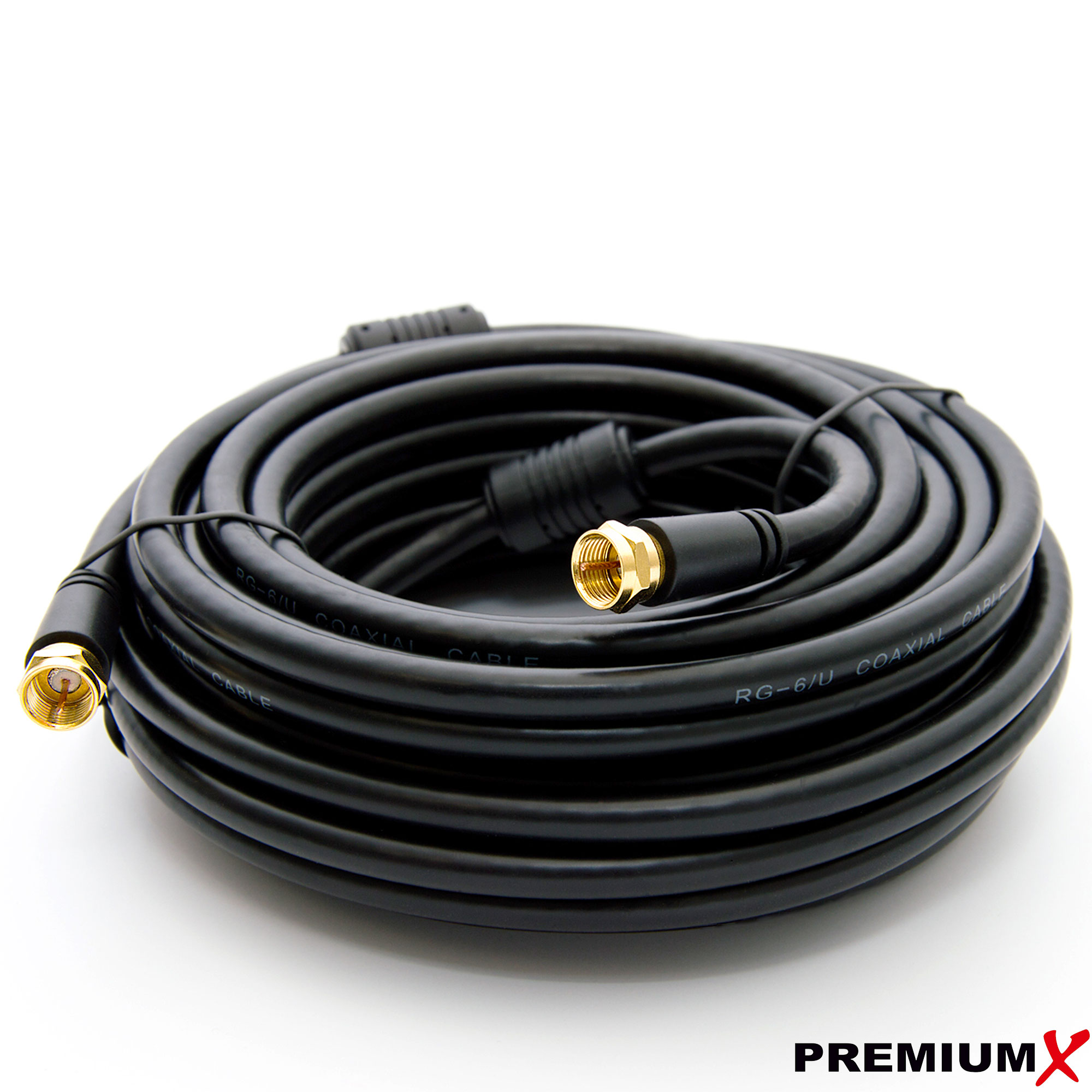 Koaxialkabel, schwarz, auf weiß aufgerollt. Goldene Stecker an jedem Ende. Das Wort PREMIUMX befindet sich unten rechts.