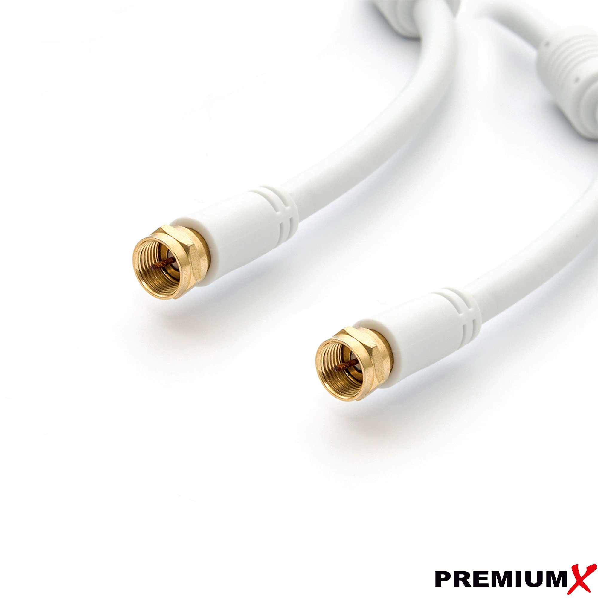 Zwei weiße Koaxialkabel mit goldenen Steckern auf weißem Hintergrund. PREMIUMX-Logo unten rechts.