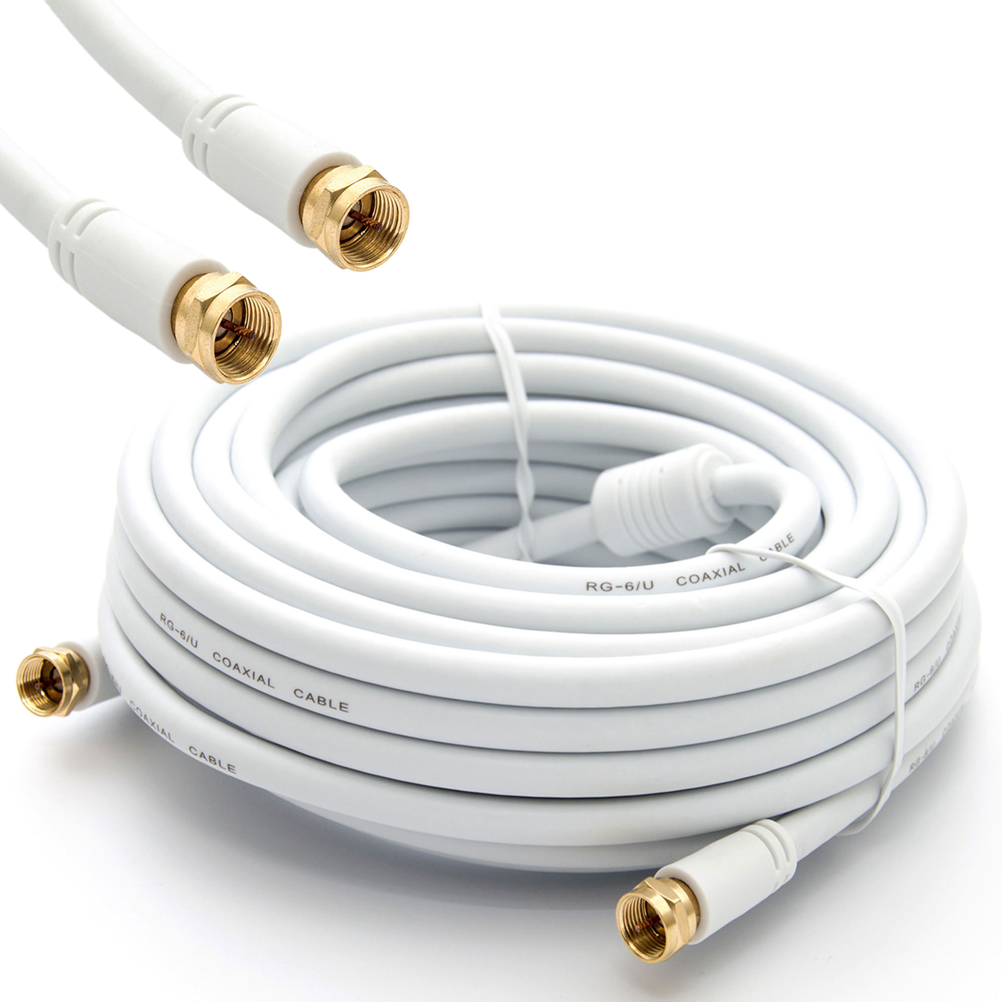 Weißes Koaxialkabel mit goldenen Steckern. Das Kabel ist aufgerollt, mit sichtbaren Steckern. Text auf dem Kabel: RG-6/U COAXIAL CABLE.