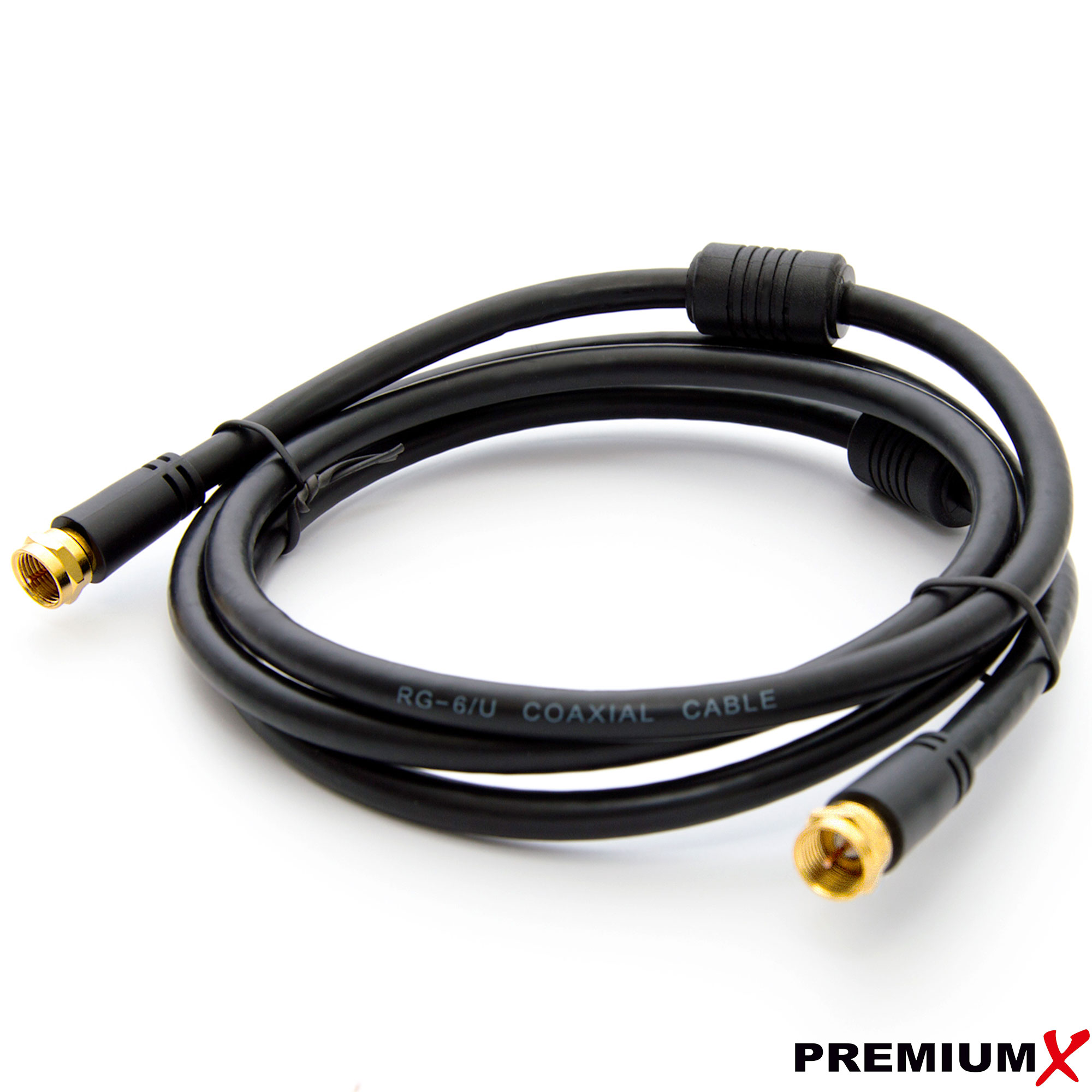 Ein schwarzes RG-6/U Koaxialkabel mit goldfarbenen Steckern liegt auf einer weißen Oberfläche. Der Text 'RG-6/U COAXIAL CABLE' ist sichtbar.