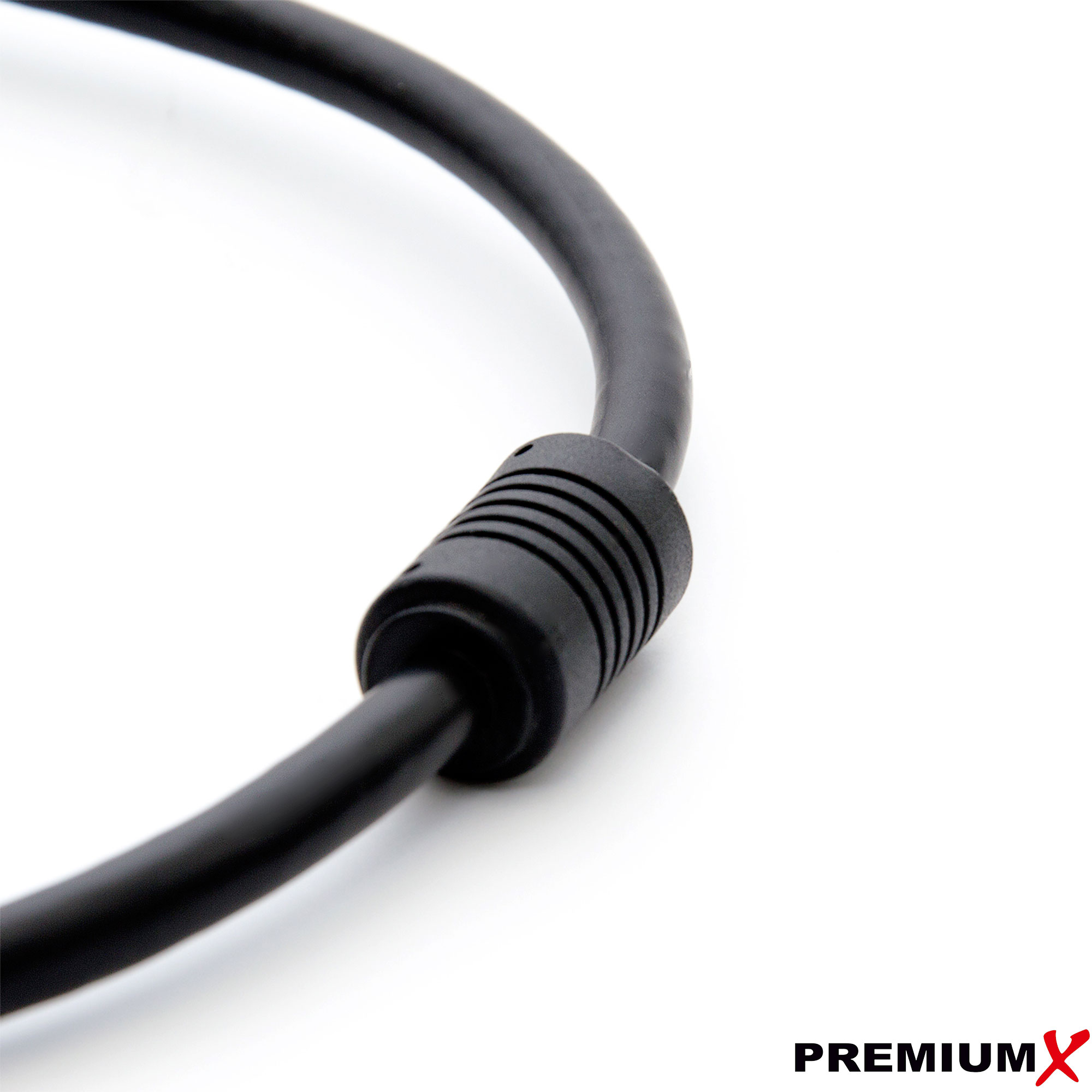 Ein schwarzes Kabel mit Stecker auf weißem Hintergrund. Das Logo PREMIUMX unten rechts.