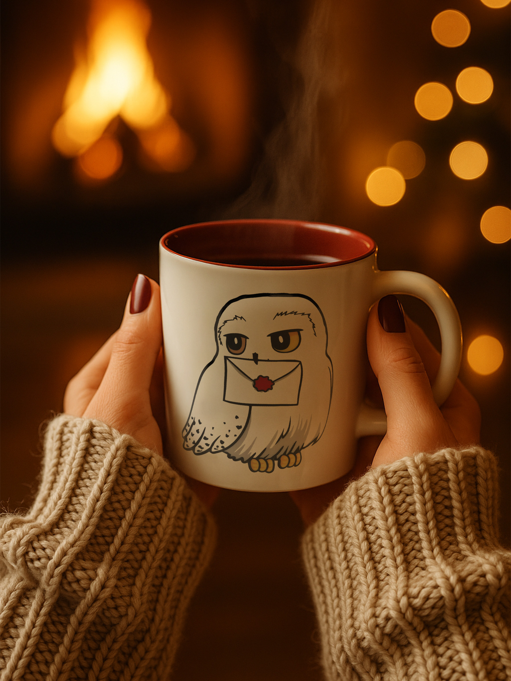 Hände halten eine Tasse mit Eulenmuster. Dampf steigt auf. Verschwommenes Feuer und Lichter im Hintergrund. Gemütlicher Pullover.