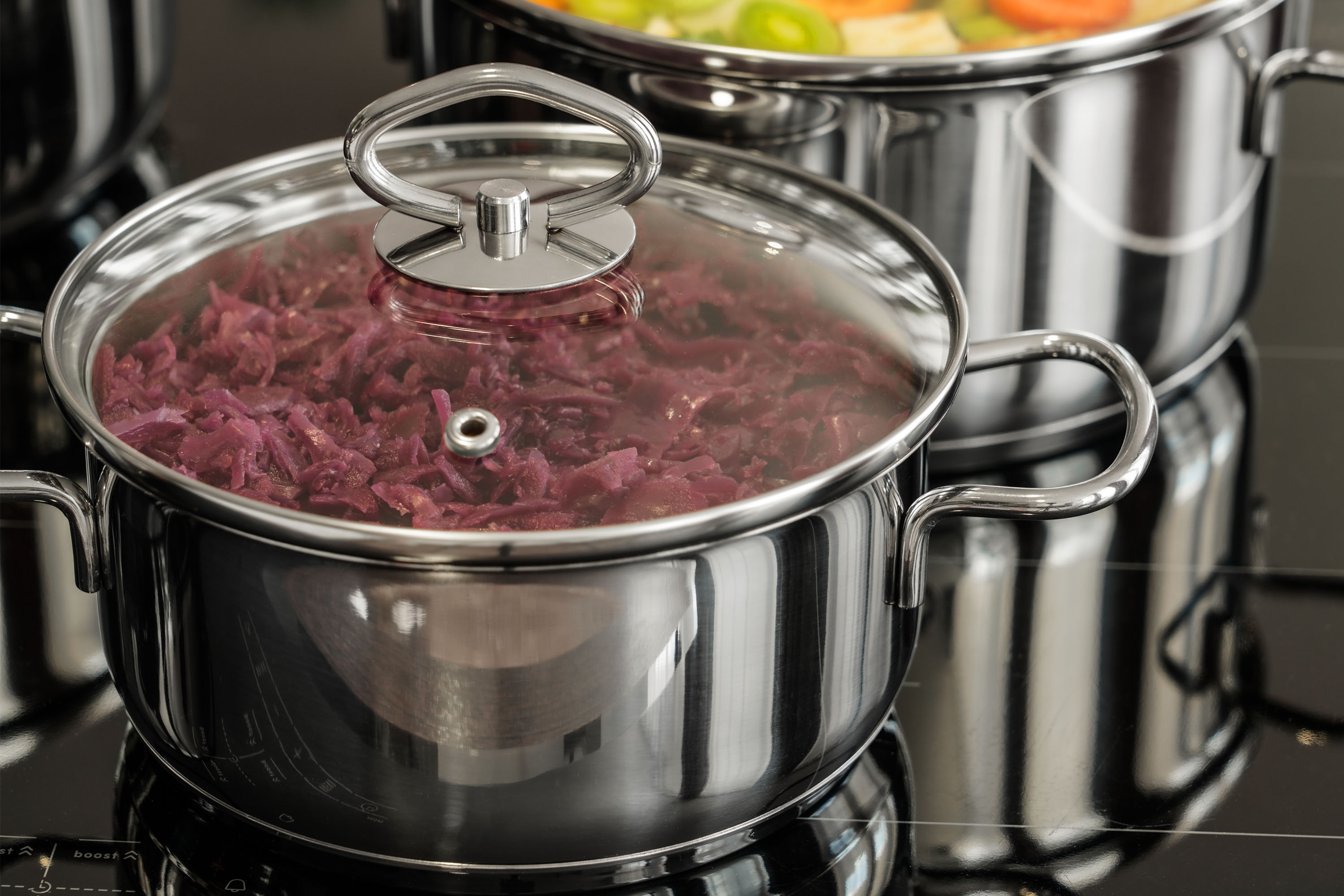 Ein Edelstahltopf mit Rotkohl steht auf einem schwarzen Herd. Ein weiterer Topf mit Gemüse ist im Hintergrund.