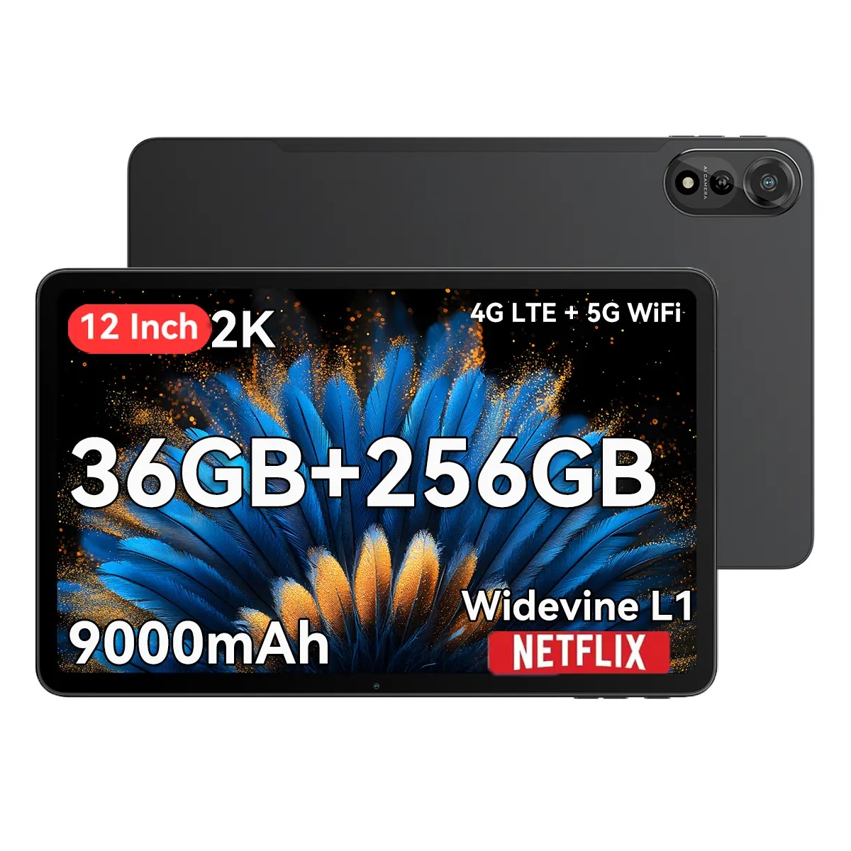 Tablet mit Bildschirm, der Text und Grafiken anzeigt. Es hat ein dunkelgraues Gehäuse und der Bildschirm zeigt 12 Zoll 2K, 36GB+256GB, 9000mAh und Netflix.