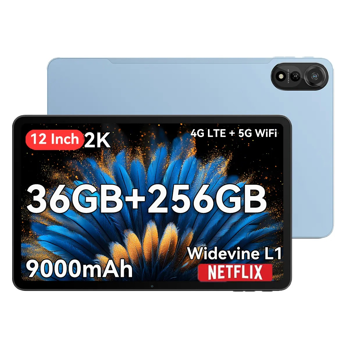 Tablet mit blauem Rücken und schwarzem Bildschirm. Auf dem Bildschirm steht 12 Zoll 2K, 36GB+256GB, 9000mAh und Netflix.