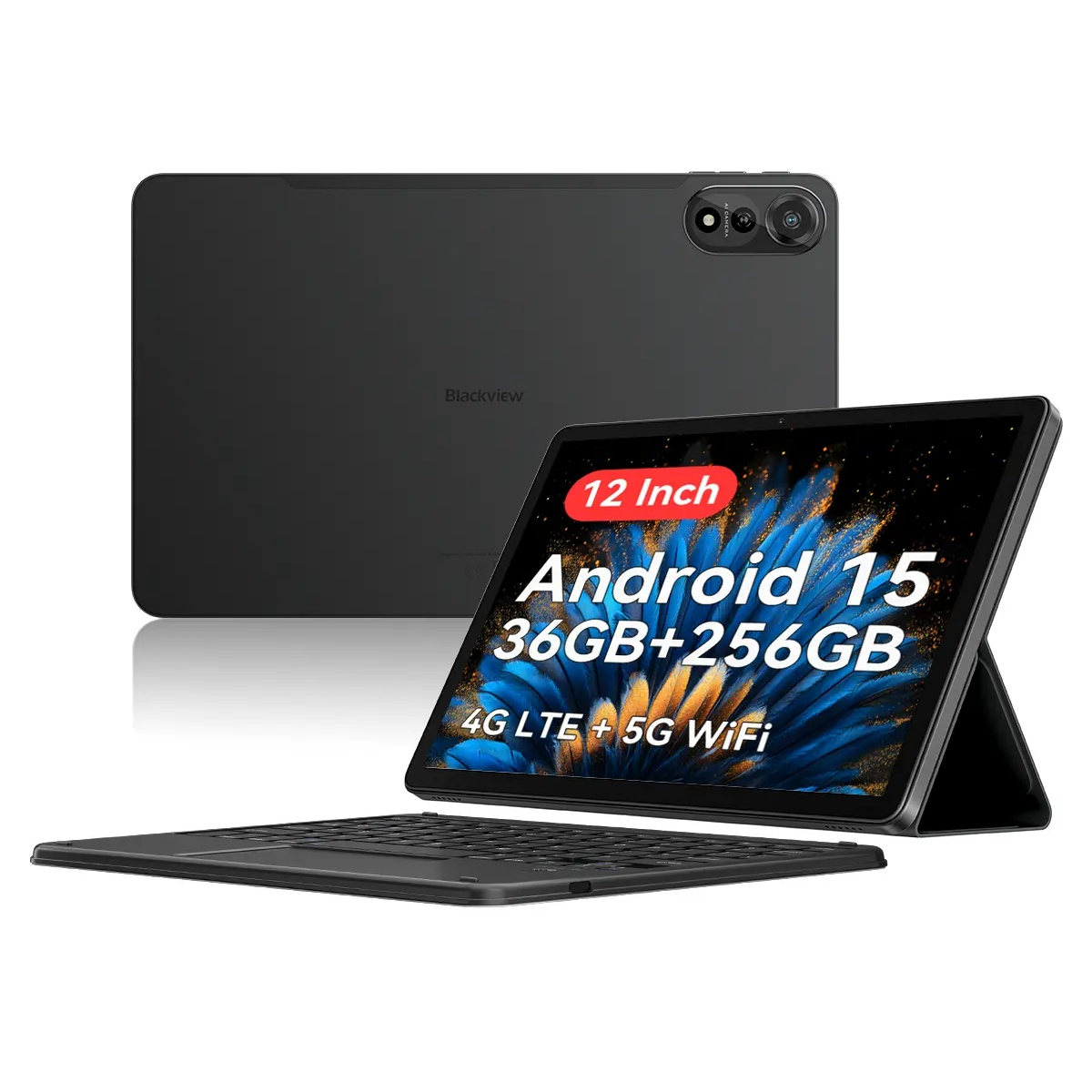 Blackview-Tablet mit Tastatur. Merkmale: 12-Zoll-Bildschirm, Android 15, 36GB+256GB, 4G LTE + 5G WiFi. Rückansicht zeigt Kamera.