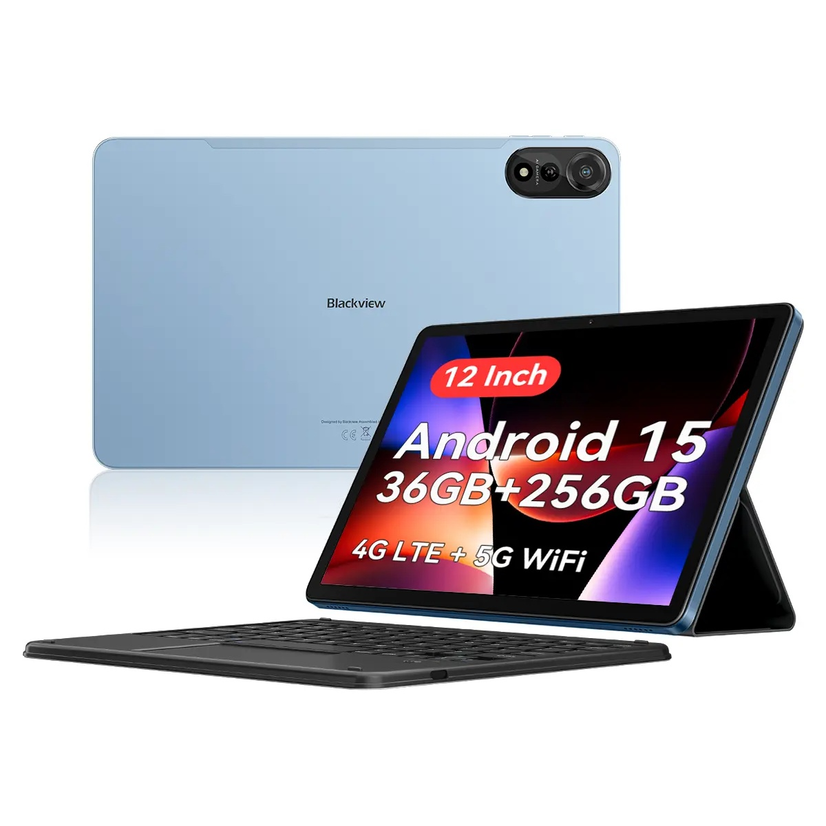 Ein blaues Blackview-Tablet mit Tastatur. Sein Bildschirm zeigt "Android 15"-Spezifikationen. Es hat eine Kamera und WLAN.