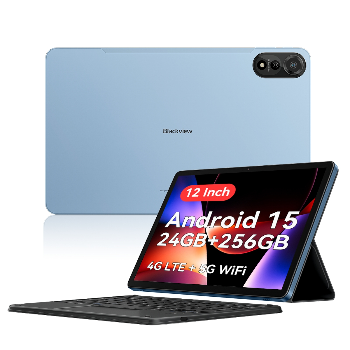 Ein Blackview Android-Tablet mit Tastatur. Das Tablet hat eine blaue Rückseite, einen Bildschirm mit 'Android 15' und eine Kamera.