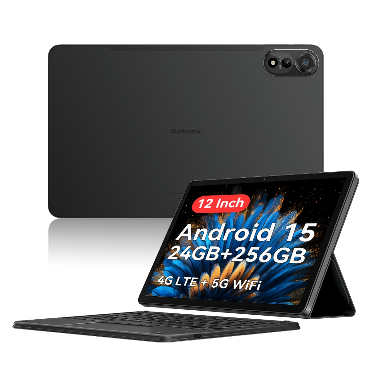 Ein schwarzes Blackview-Tablet mit Tastatur. Der Bildschirm zeigt 'Android 15' und Spezifikationen. Ein weiteres Tablet im Hintergrund.