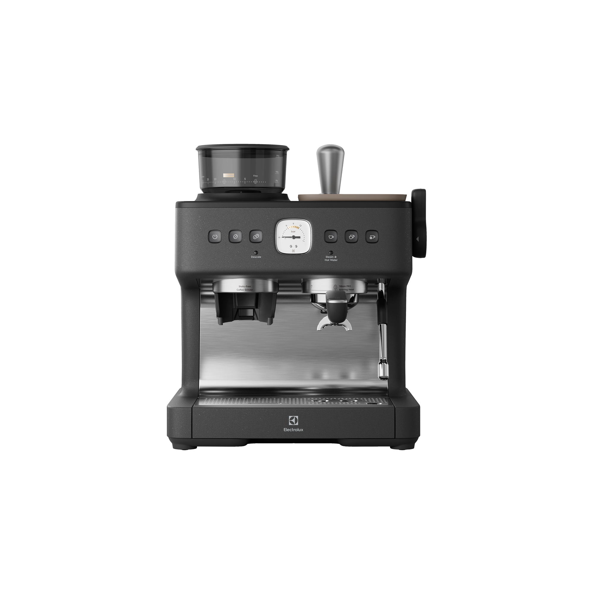 Una macchina per espresso nera con macinacaffè, manometro e vari pulsanti. Accenti argentati e sfondo nero.