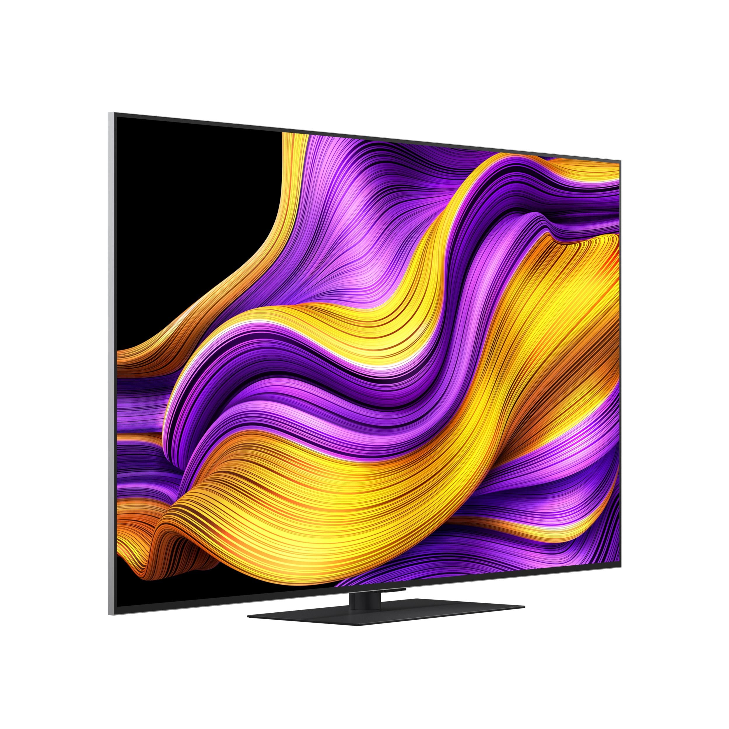 Telewizor z płaskim ekranem z czarną ramką wyświetla kolorowy, abstrakcyjny wzór żółtych i fioletowych linii.