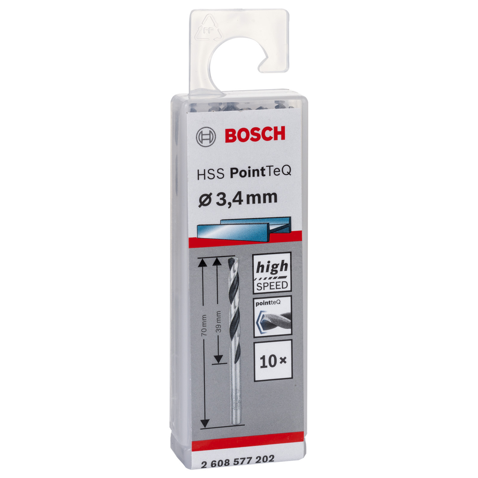 Bosch Bohrerpackung. Es zeigt den Bohrer, Produktinformationen und das Bosch-Logo.