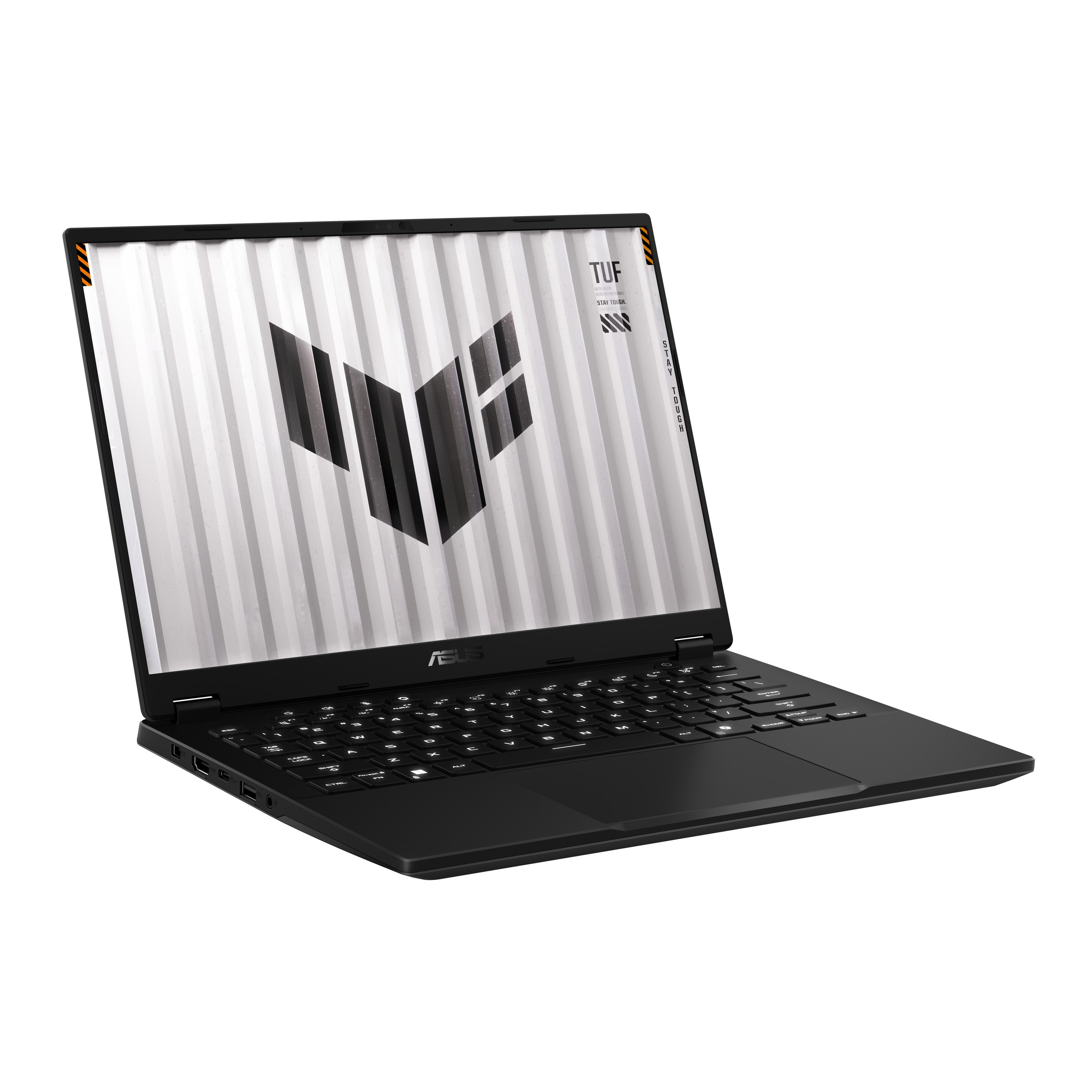 Laptop nero con schermo aperto che mostra un logo. La tastiera è visibile. Sfondo bianco.