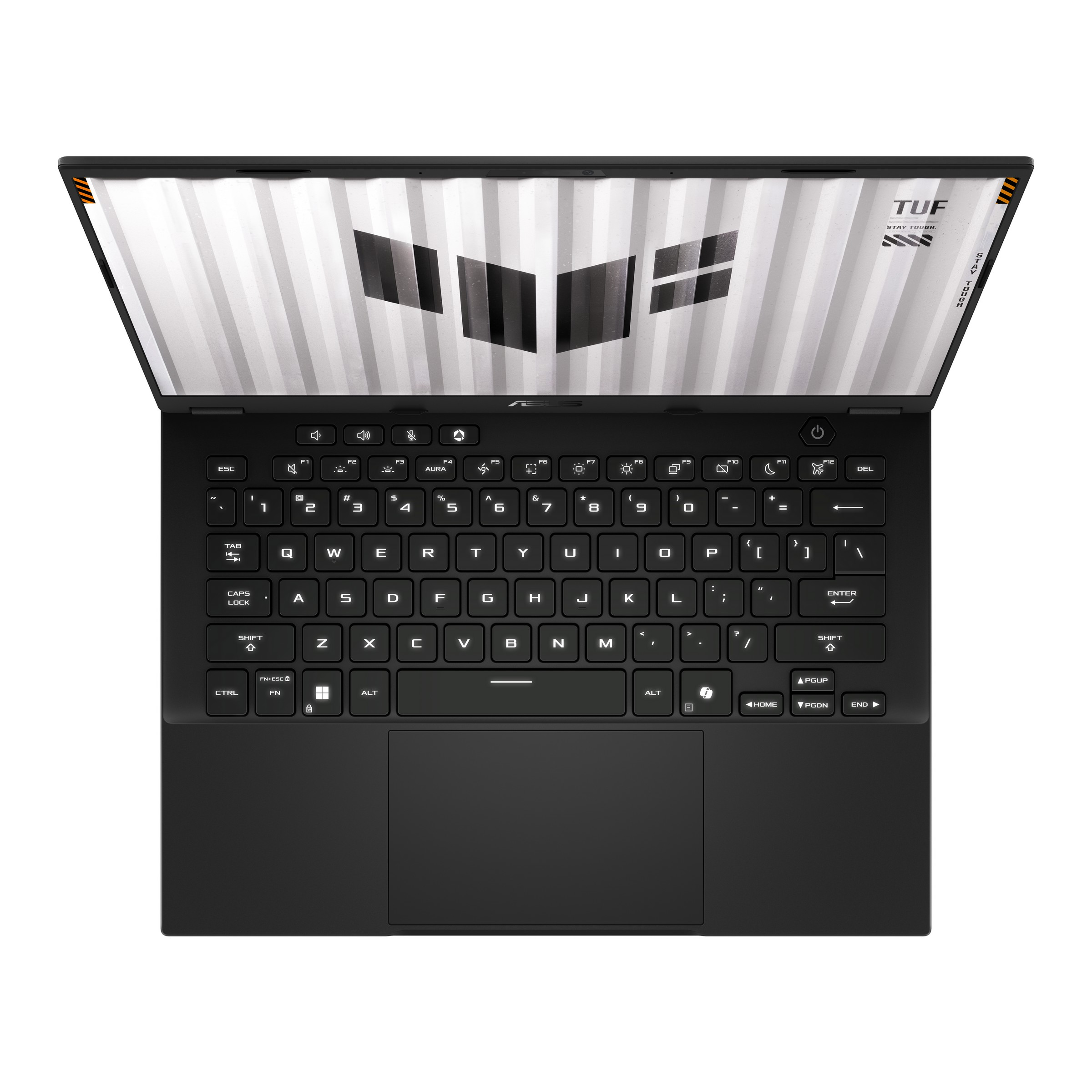 Laptop nero con schermo aperto che mostra un design bianco e grigio. La tastiera è visibile.