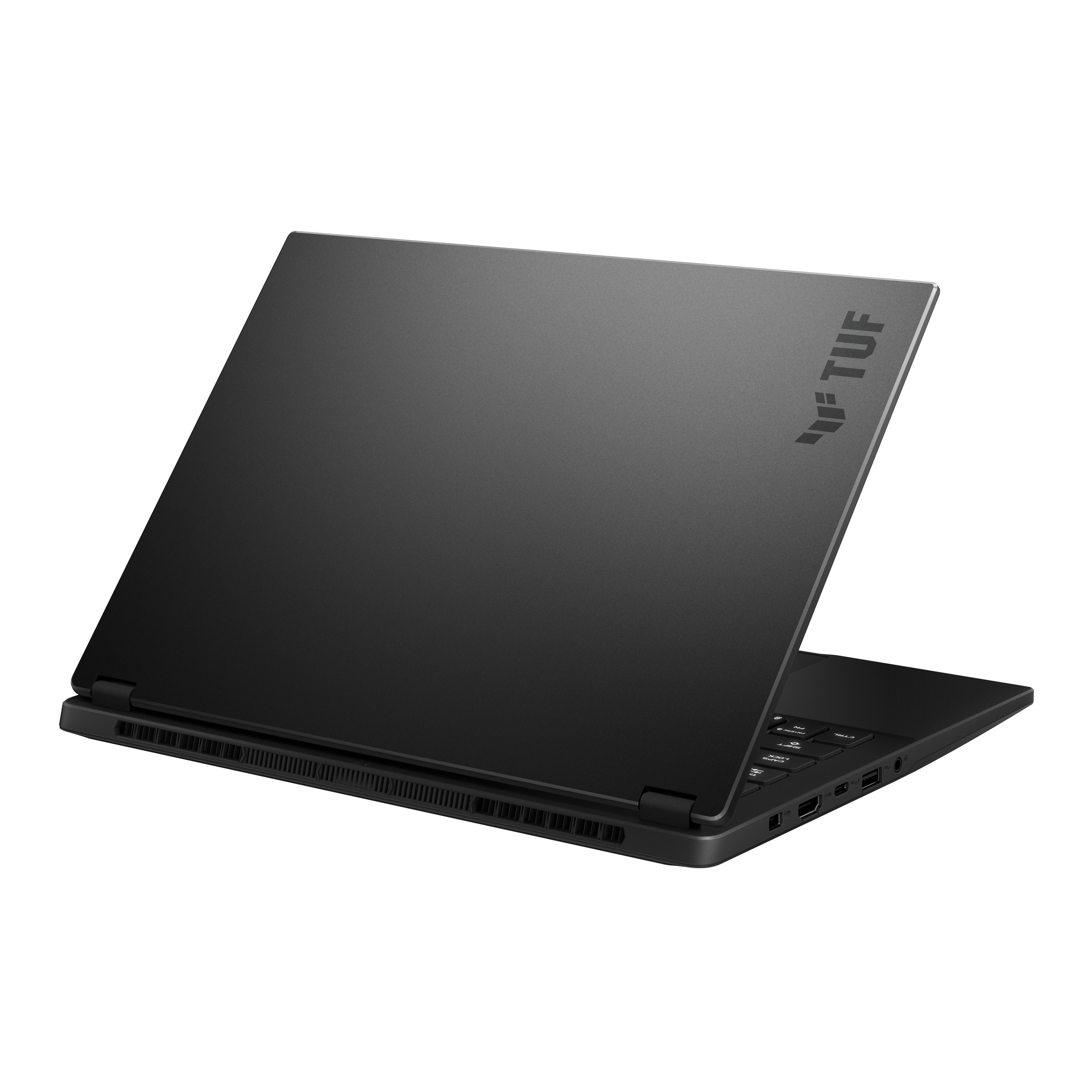 Laptop nero su sfondo bianco. Il coperchio è aperto, mostrando la tastiera. Visibile il marchio 'TUF'.
