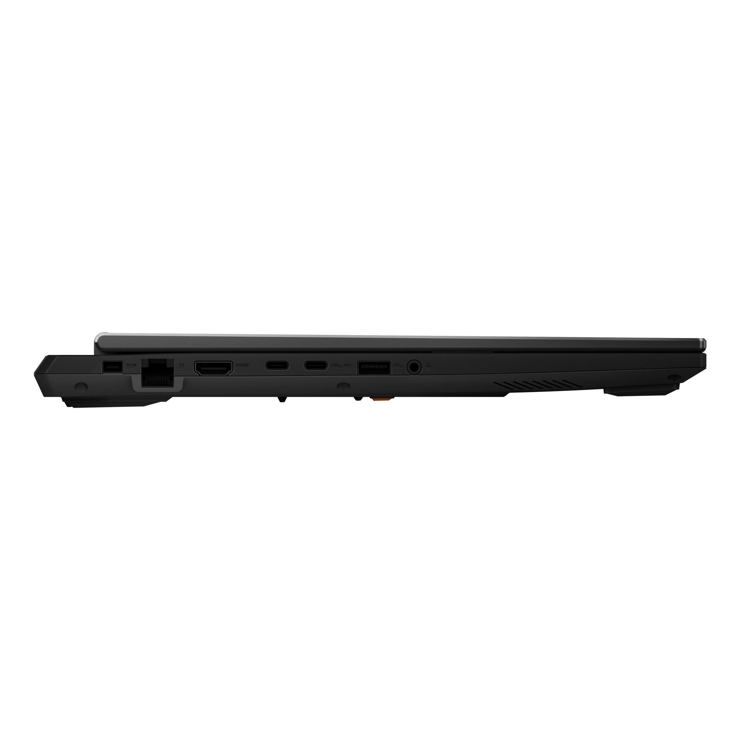 Vista laterale di un laptop nero che mostra le porte. Include Ethernet, HDMI, USB-C e jack audio.