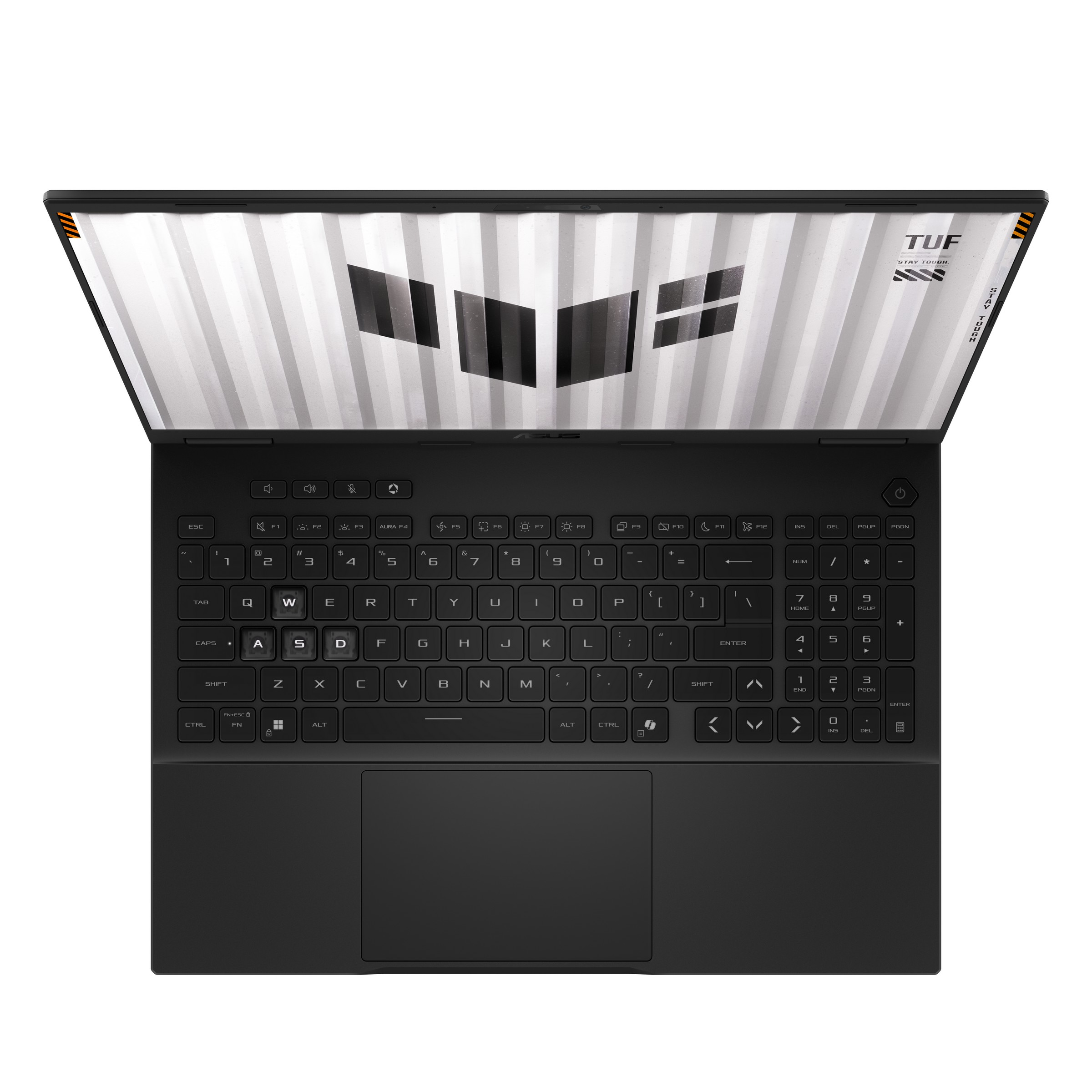 Laptop nero aperto. Tastiera visibile con tasti retroilluminati bianchi. Schermo mostra un design. Portatile su superficie bianca.