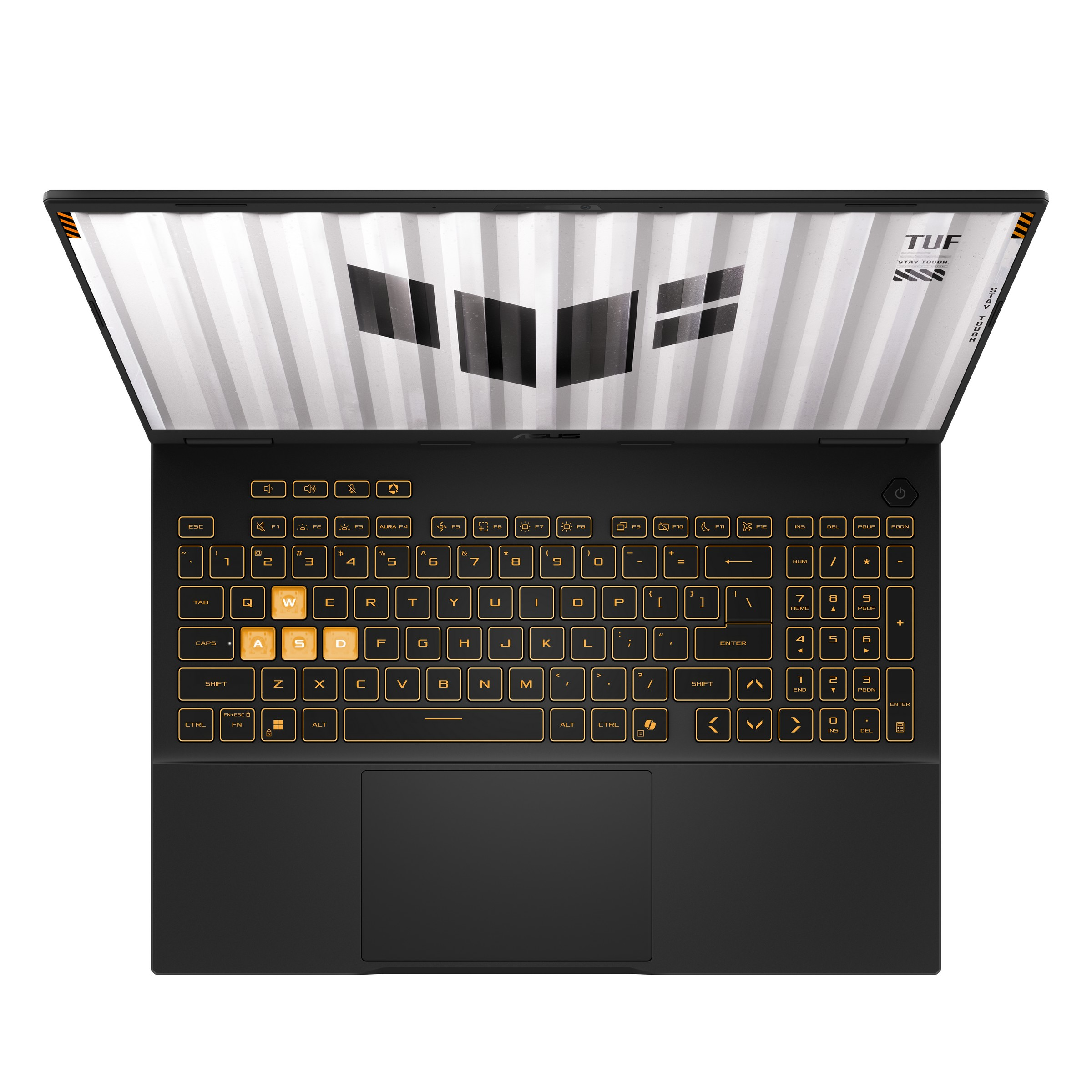 Laptop nero, aperto. Tastiera illuminata arancione. Schermo con linee verticali e logo. Su superficie bianca.