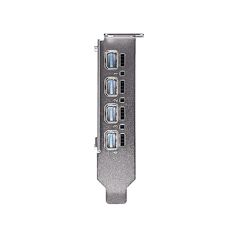 Un componente per computer argentato con quattro porte USB visibili, numerate da 1 a 4. Il componente è su sfondo bianco.