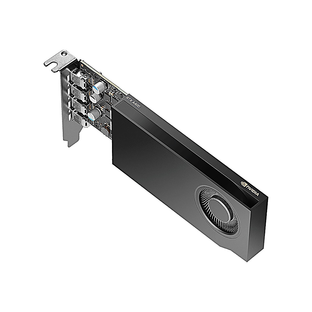 Una scheda grafica NVIDIA RTX A4000 nera. Ha una ventola, un circuito stampato e una staffa metallica, su sfondo bianco.