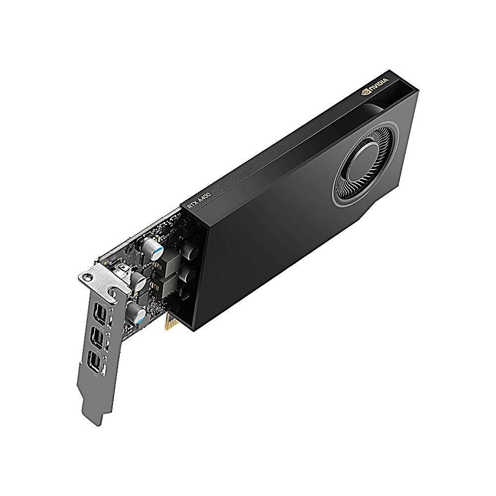 Una scheda grafica NVIDIA RTX A4000 nera su sfondo bianco. La scheda ha una ventola, porte e il logo NVIDIA.