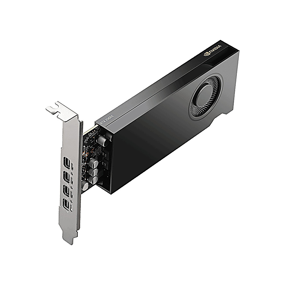 Una scheda grafica nera Nvidia RTX 2000E. Ha una staffa argentata con porte e una grande ventola.