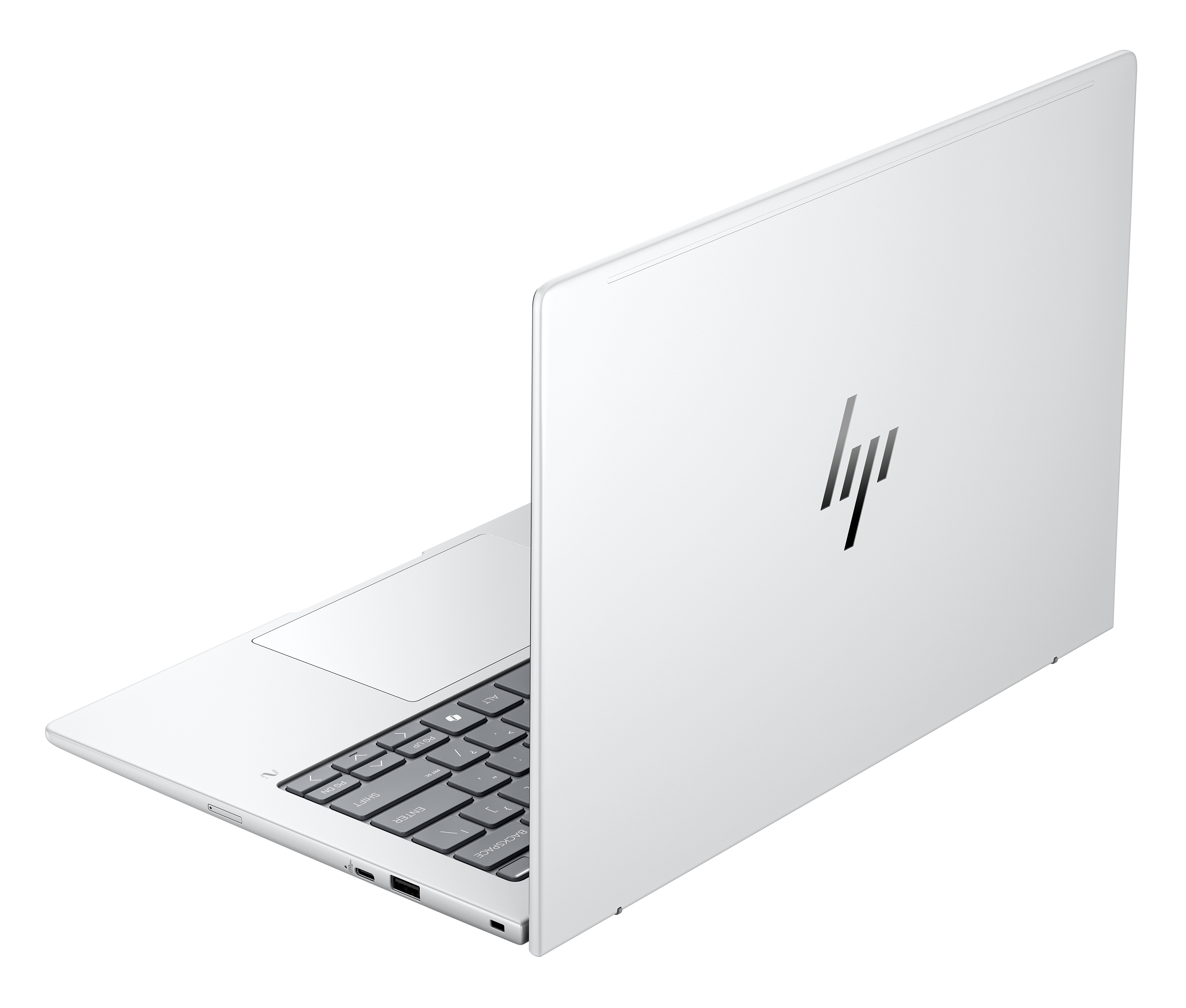 Biały laptop HP, częściowo otwarty, na białym tle. Klawiatura widoczna. Logo HP na pokrywie.