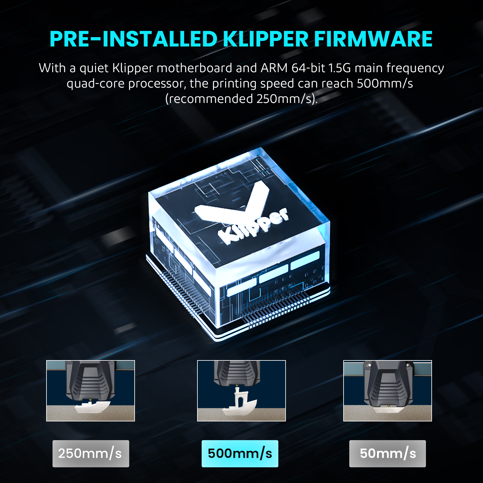 L'immagine mostra una stampante 3D e testo sul firmware Klipper, con velocità di 250 mm/s, 500 mm/s e 50 mm/s.